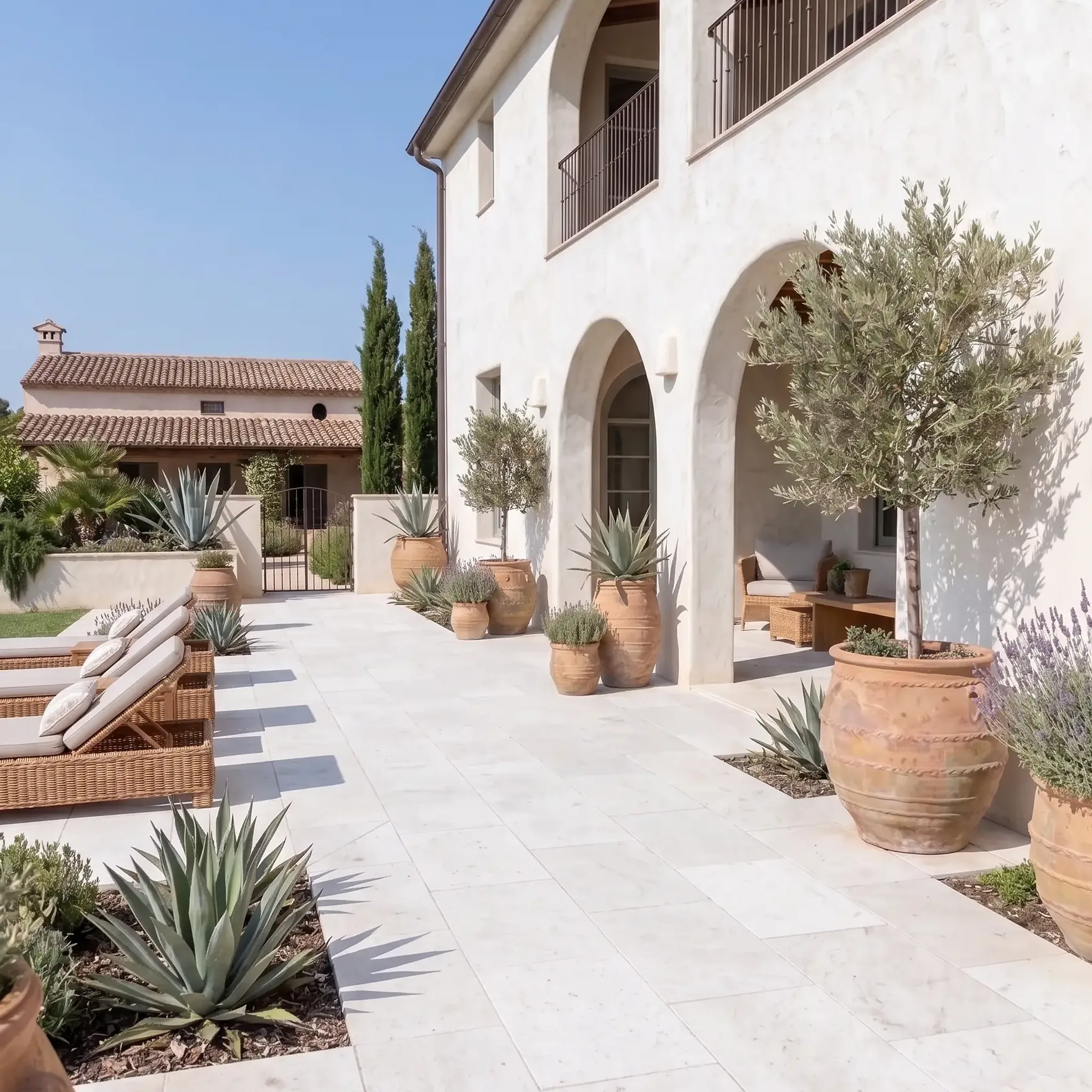 Off-white limestone pavers on a terrace beside an arched Mediterranean villa with terracotta urns, olive tree, agaves and…