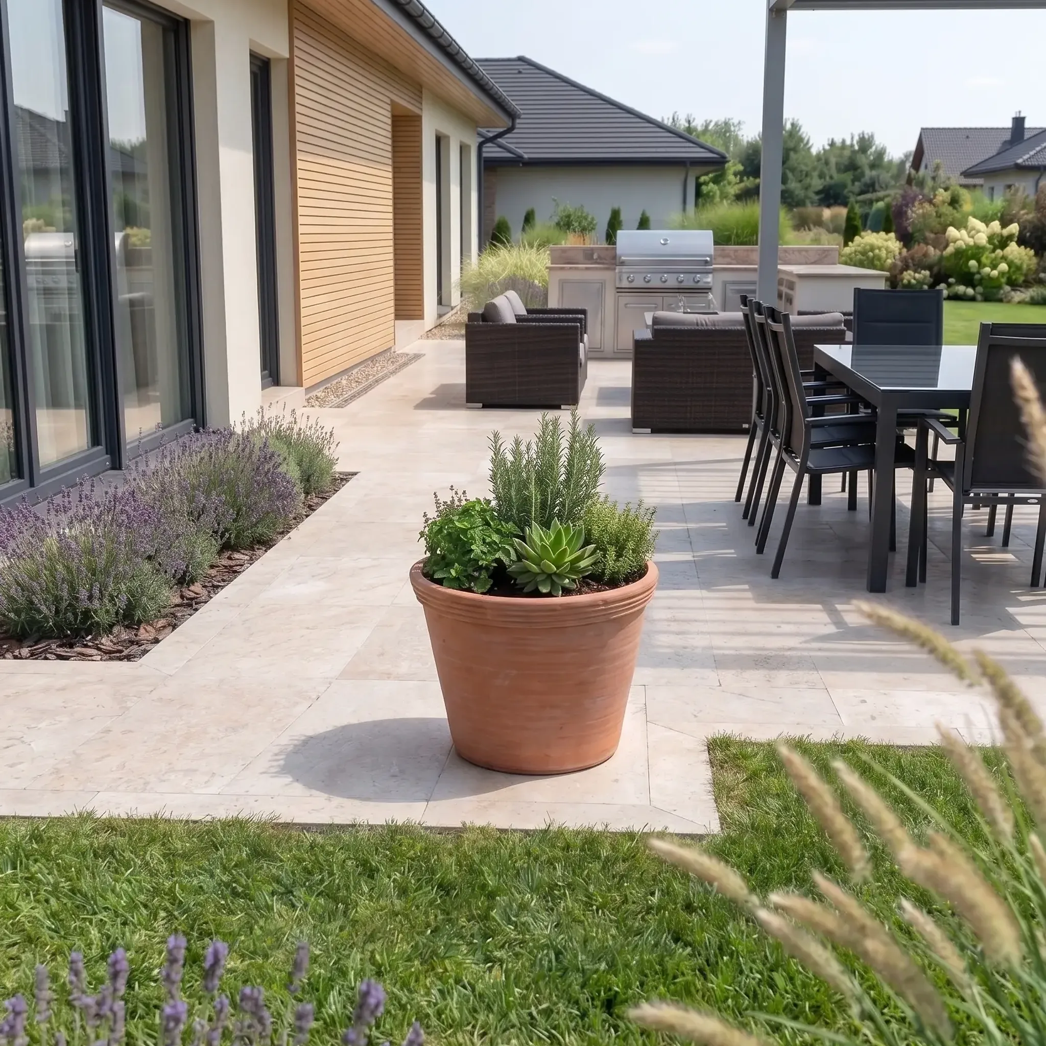 Light beige travertine pavers terrace with terracotta herb pot, lavender, outdoor kitchen, grill, dining set under…