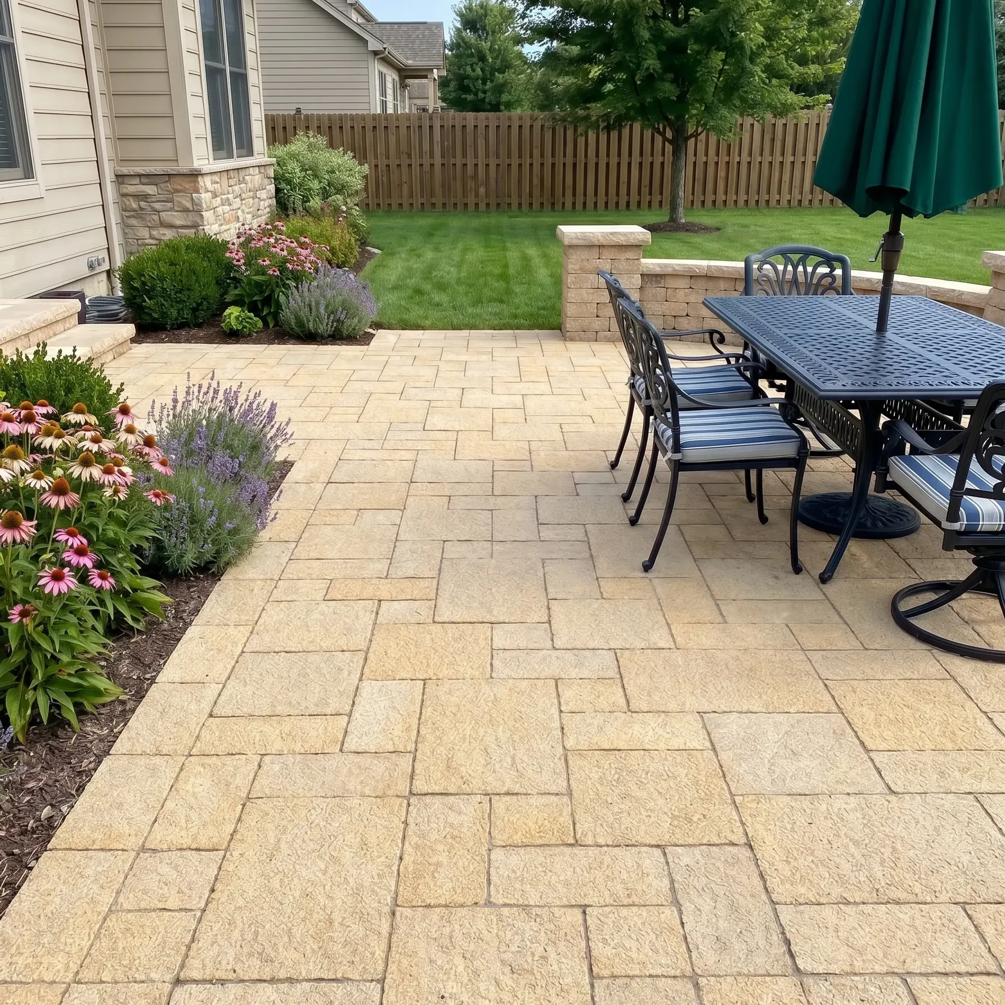 Golden tan textured pavers in ashlar pattern on a backyard patio with wrought-iron dining set, green umbrella, seating…