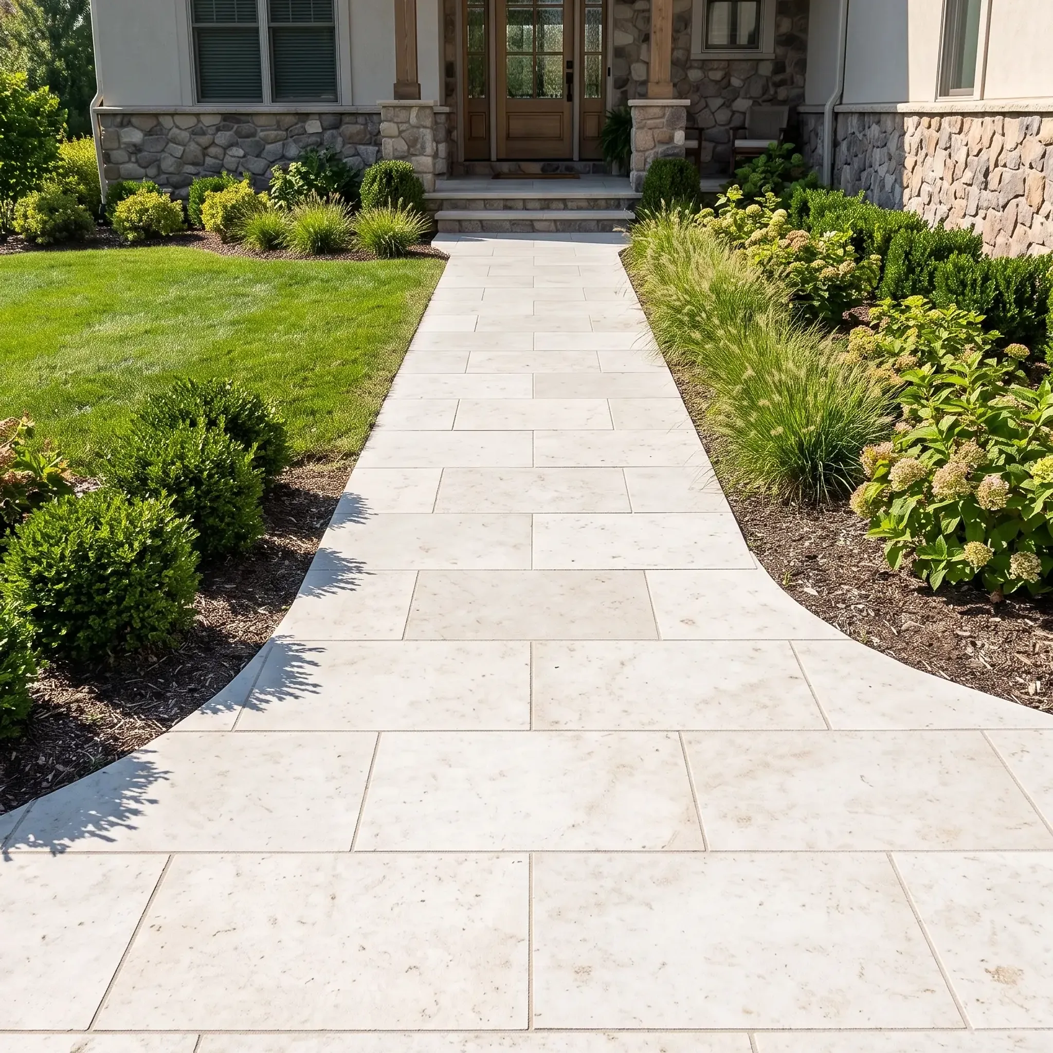 Off-white limestone pavers forming a wide front walkway to a craftsman house with timber porch, stone veneer and planted…