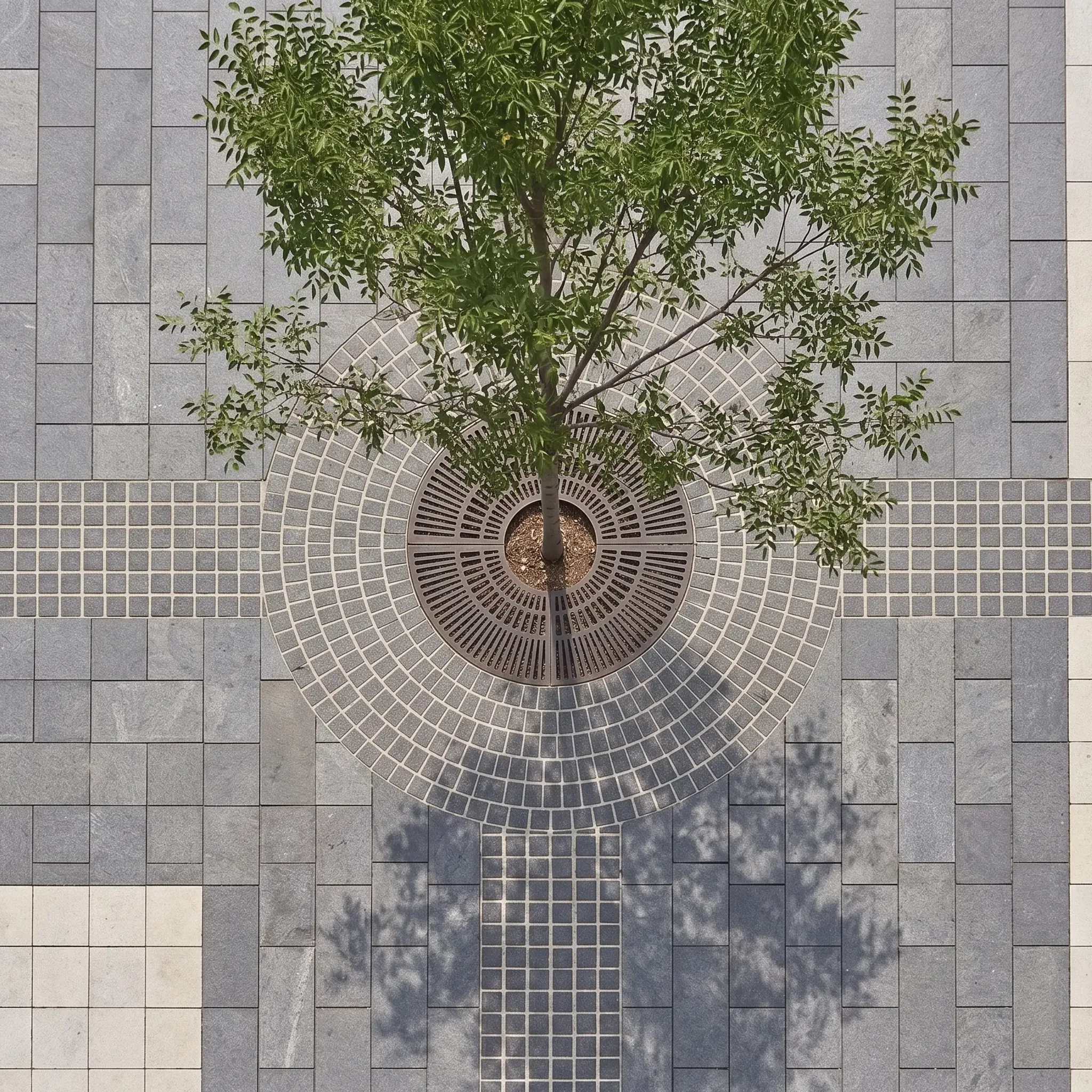 Top-down plaza paving: grey and cream plank pavers with grey-cream sett bands and circular sett ring around tree grate…