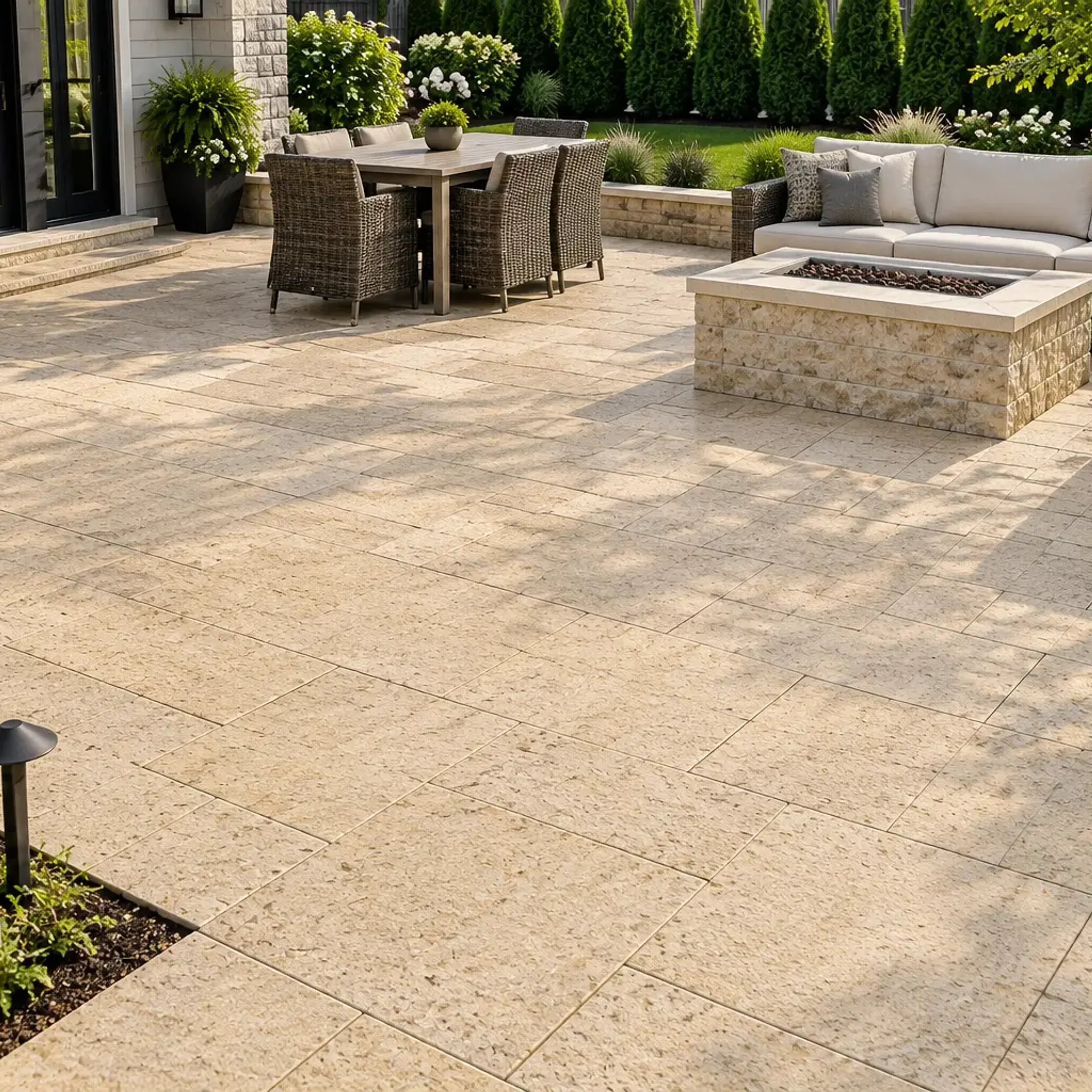Cream pitted travertine-look pavers on a large patio with split-face stone fire table, wicker sectional and dining set,…