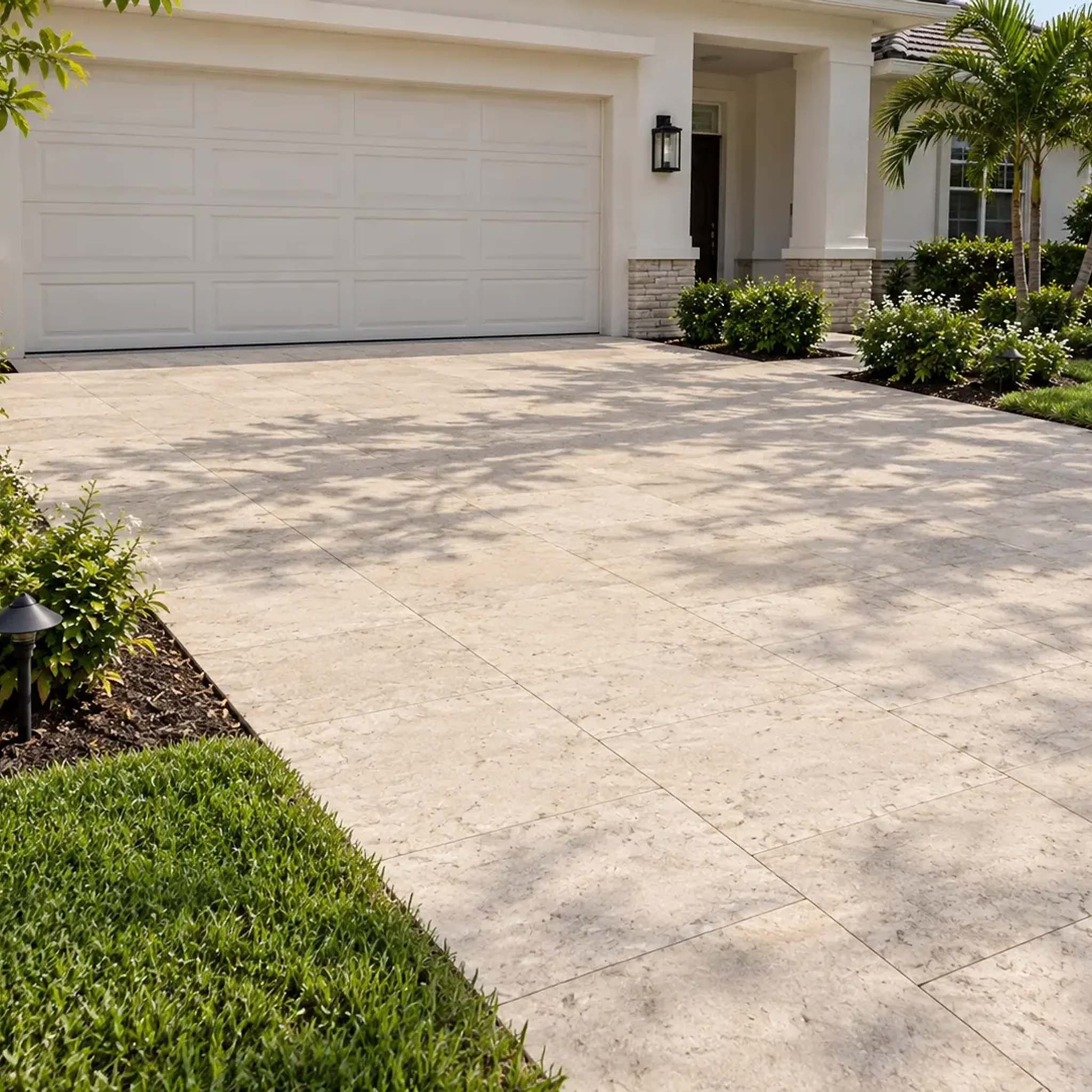 Cream limestone pavers on a driveway in dappled shade before a white garage door, with flowering shrubs, palms and a path…