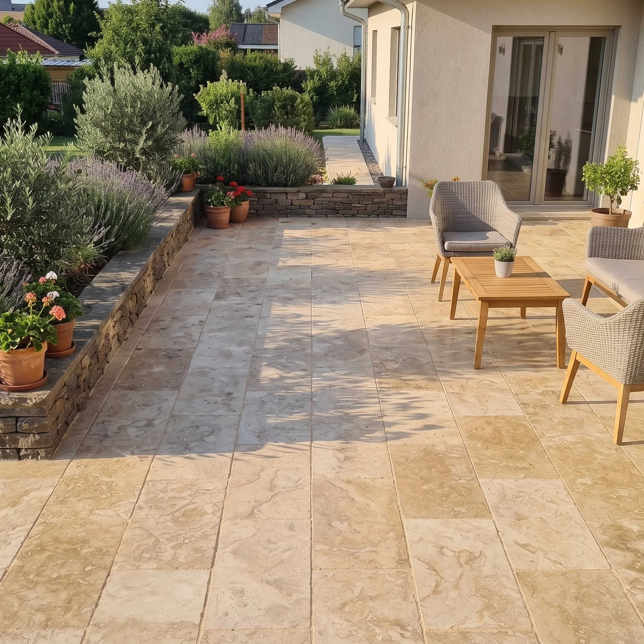 Beige travertine patio pavers with a dry-stone raised bed of lavender and olive, wicker seating and a rendered house.