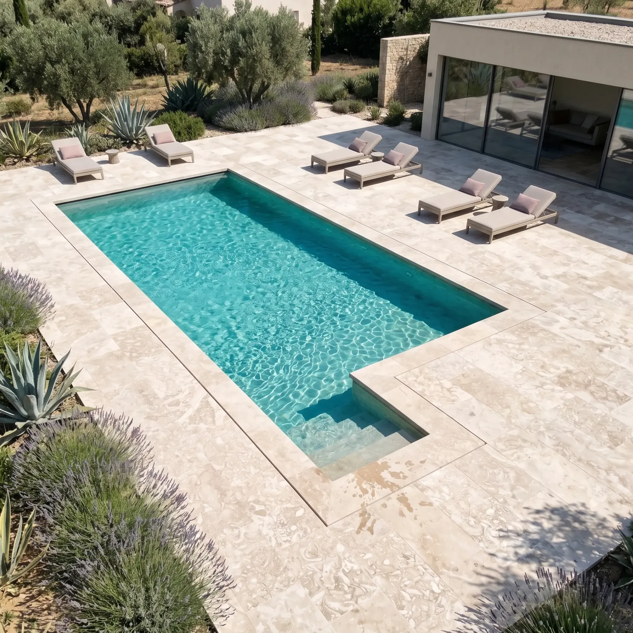 Aerial view of an ivory travertine paver pool deck around a rectangular pool with loungers, modern villa, olive trees and…