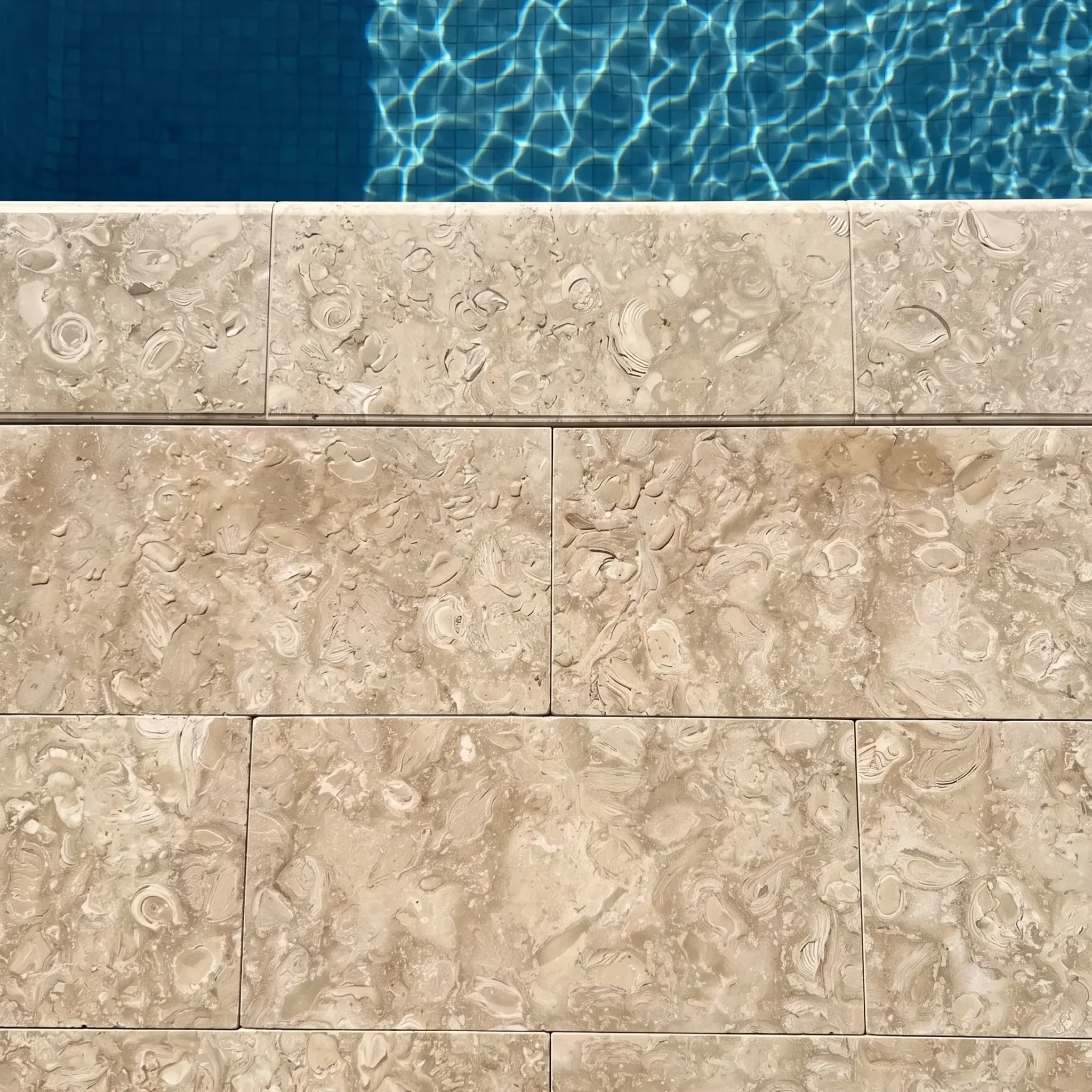 Overhead view of beige fossil shellstone pavers in running bond with bullnose coping at a blue mosaic pool edge.