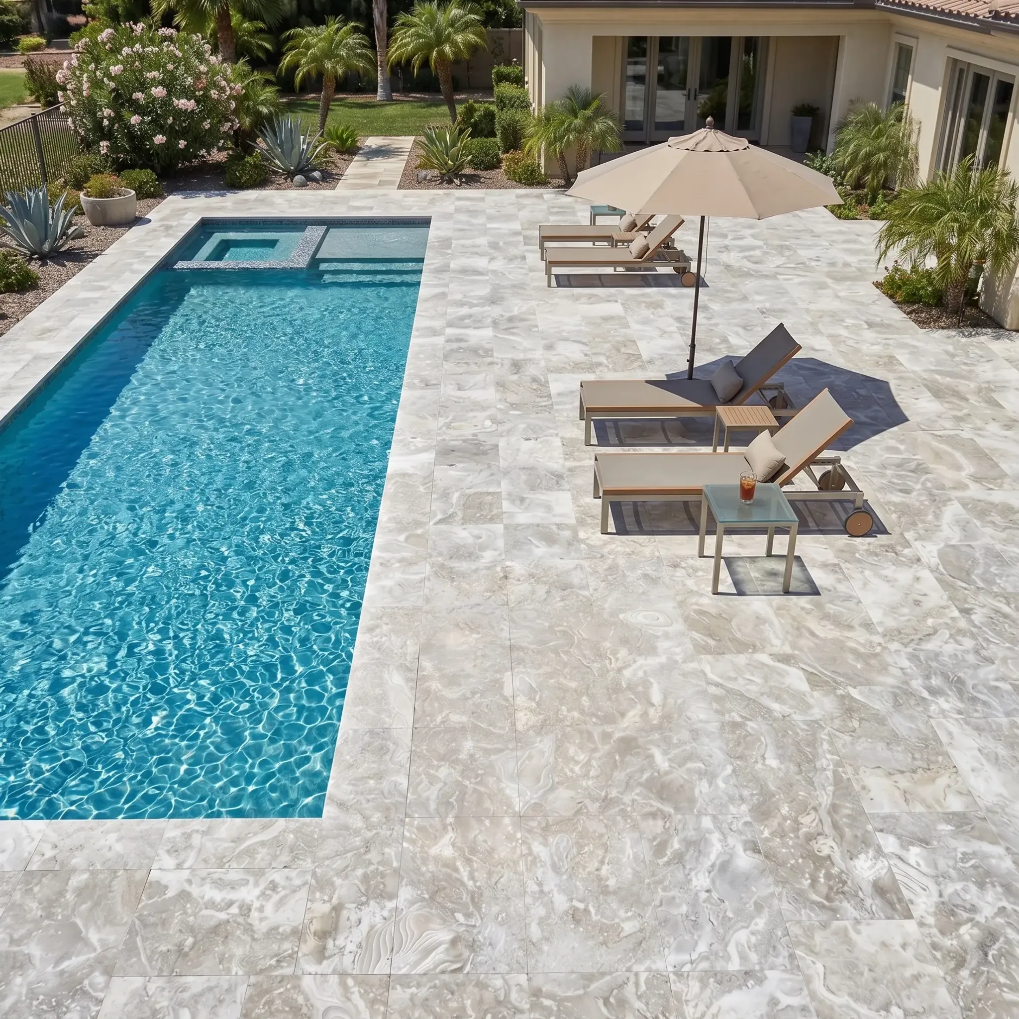 Aerial view of grey-cream mottled shellstone paver pool deck with loungers, umbrella, side tables, palms and tiled-roof…