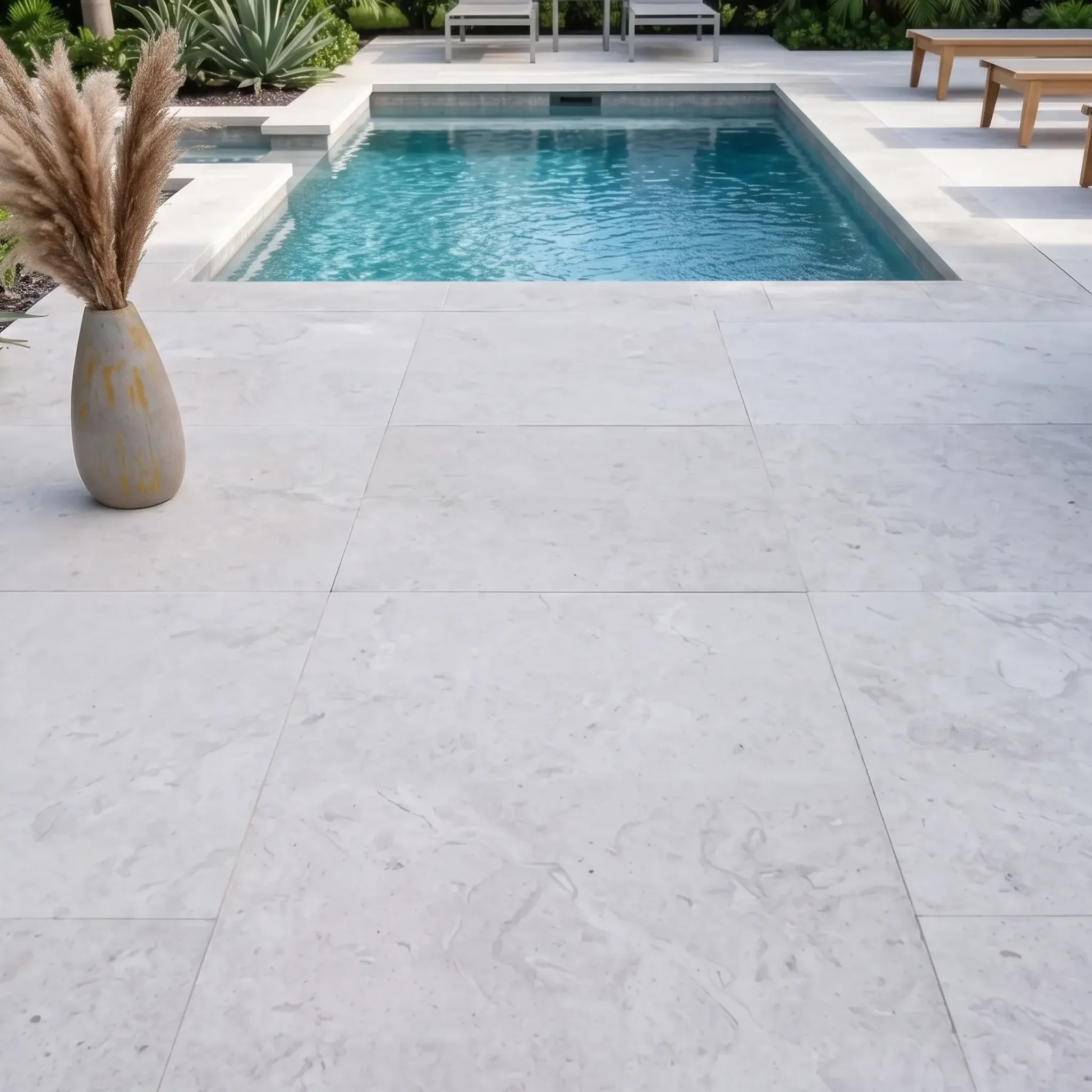 Light grey-white large-format limestone pavers on a pool deck with a pampas vase, agaves, teak loungers and a rectangular…