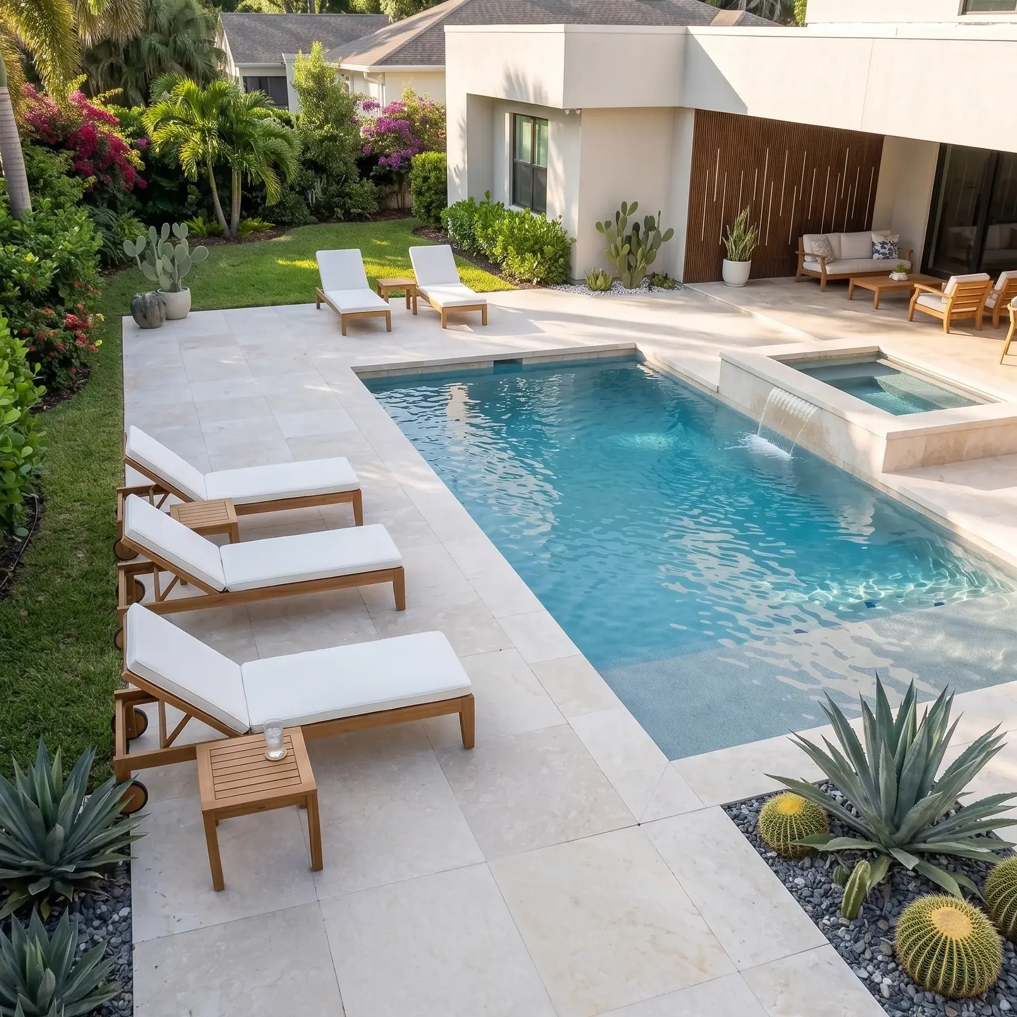 Modern pool with raised spa spillway, cream limestone deck pavers, teak loungers, agaves, barrel cacti, bougainvillea and…
