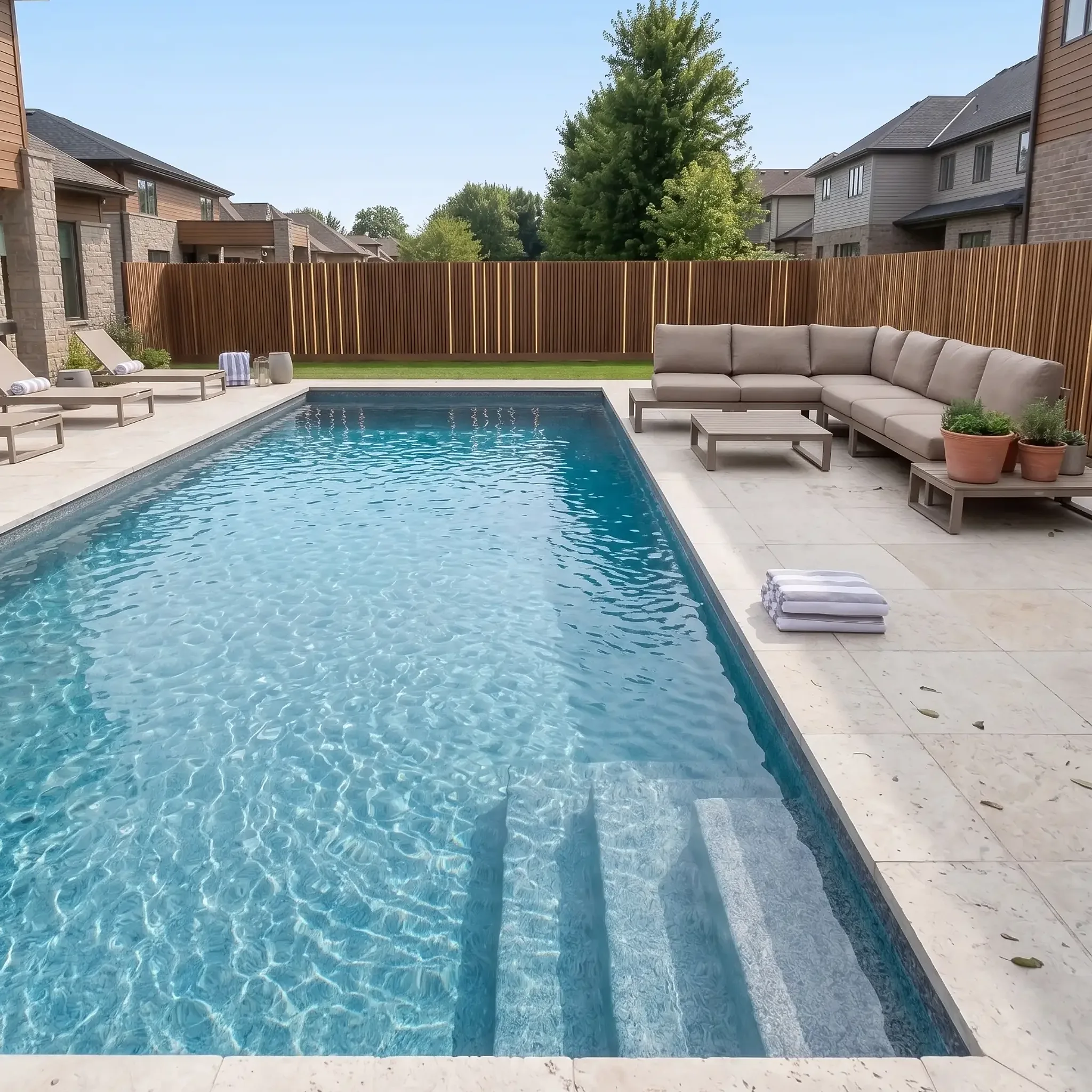 Rectangular pool with light beige travertine paver deck, taupe outdoor sectional, loungers, towels, wood fence and…