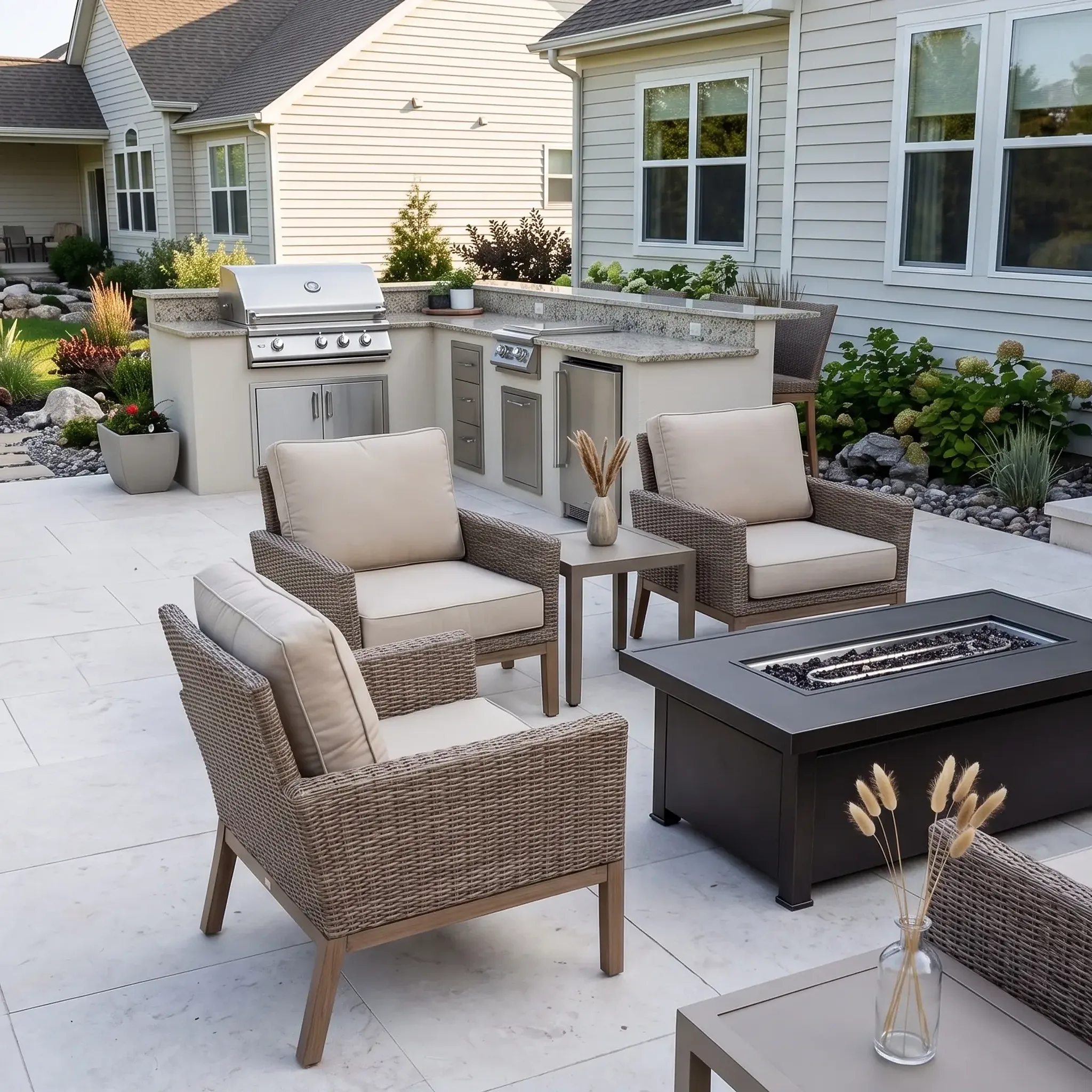 patio at eye level: large pale white veined pavers, outdoor kitchen with grill and fridge, wicker armchairs,…