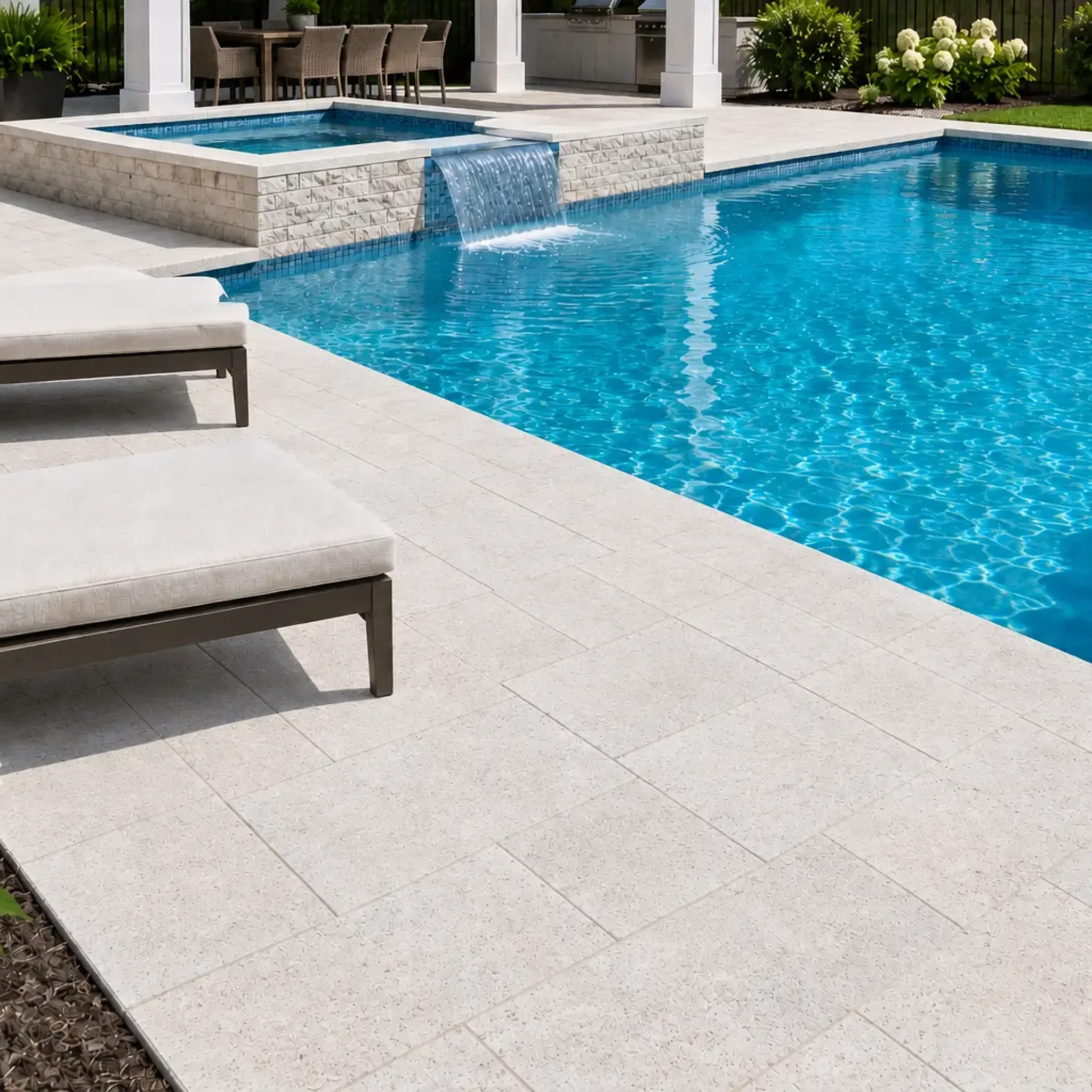 White speckled limestone pool deck pavers with raised spa and spillway, loungers with blue cushions, hydrangeas and a…