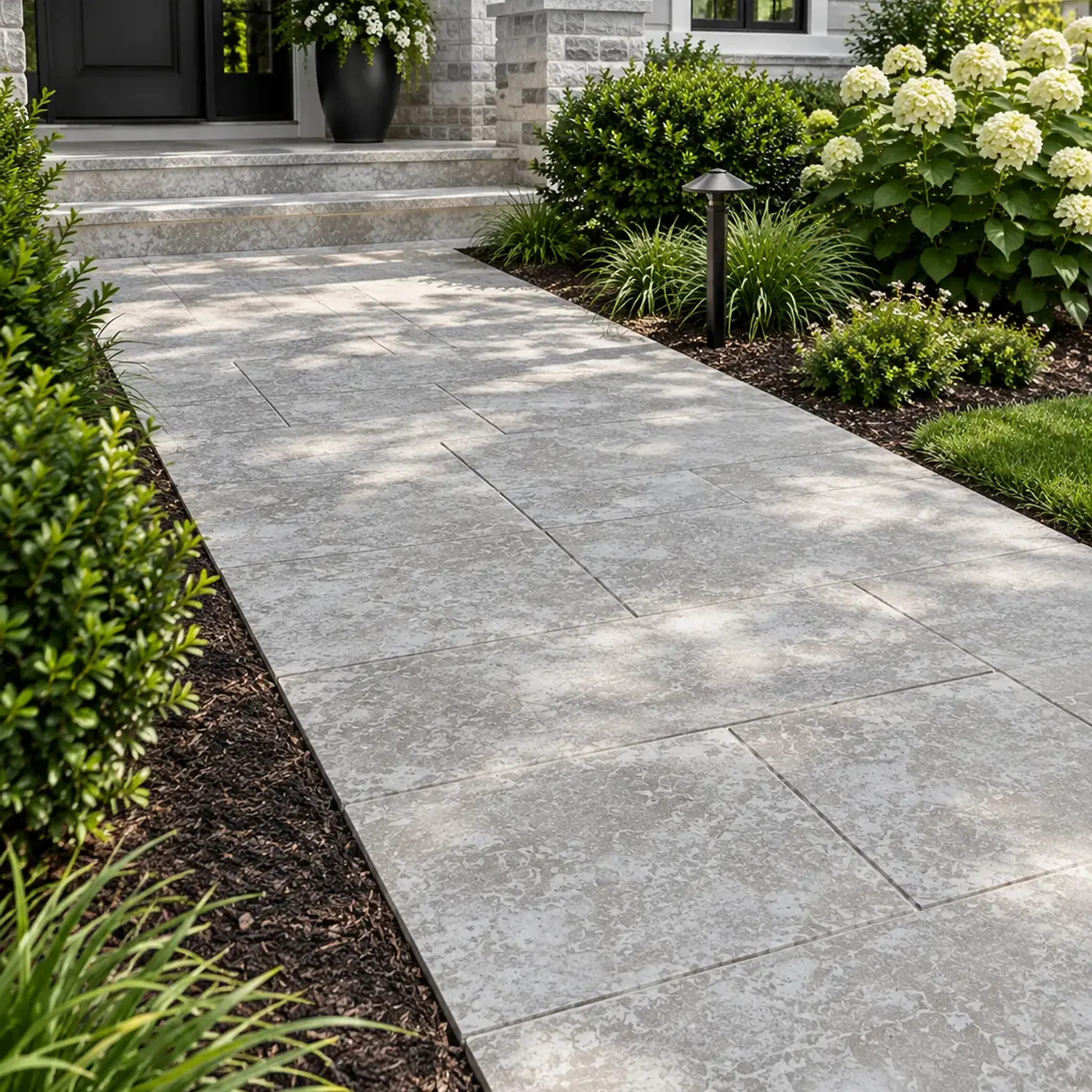 Mist-grey mottled limestone pavers on a front walkway to a black door, flanked by boxwood, white hydrangeas and mulch beds.