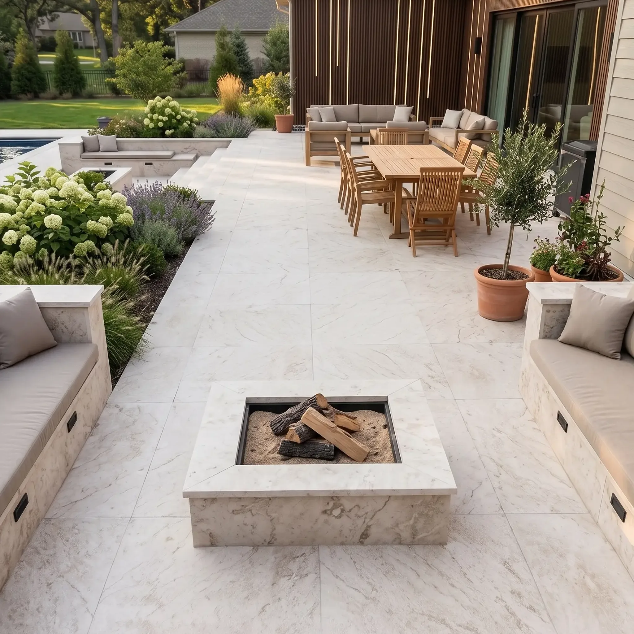 White veined marble-look stone pavers on a patio with built-in fire pit, bench seating, teak dining set, hydrangeas,…