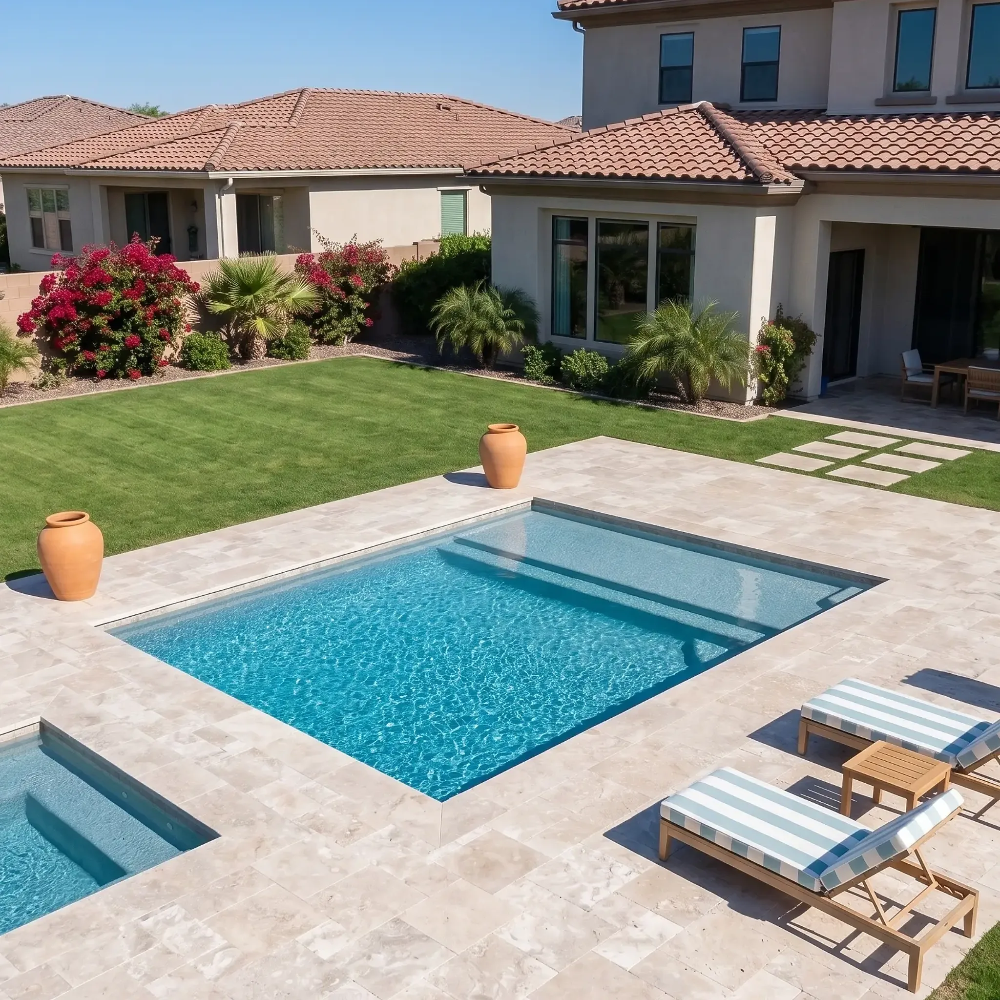 Beige travertine pavers around a rectangular pool and spa, terracotta urns, striped loungers, Mediterranean house and lawn.