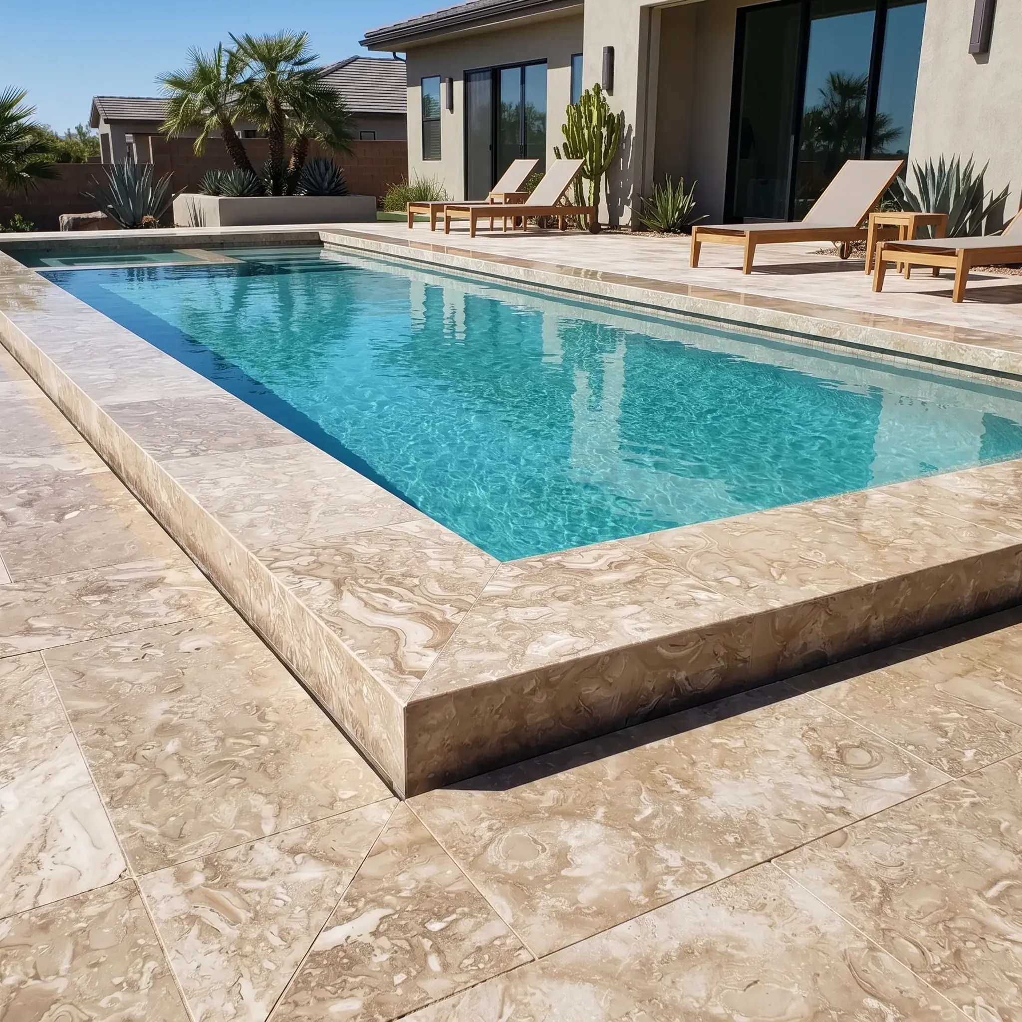 Raised pool bond beam with beige swirl-figured honed travertine coping and deck, mitred corner, loungers, cacti and palms…