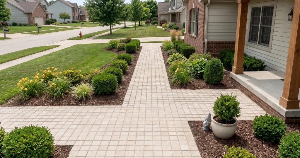 Light beige rectangular cobblestone pavers forming a front garden walkway beside landscaped planting beds.