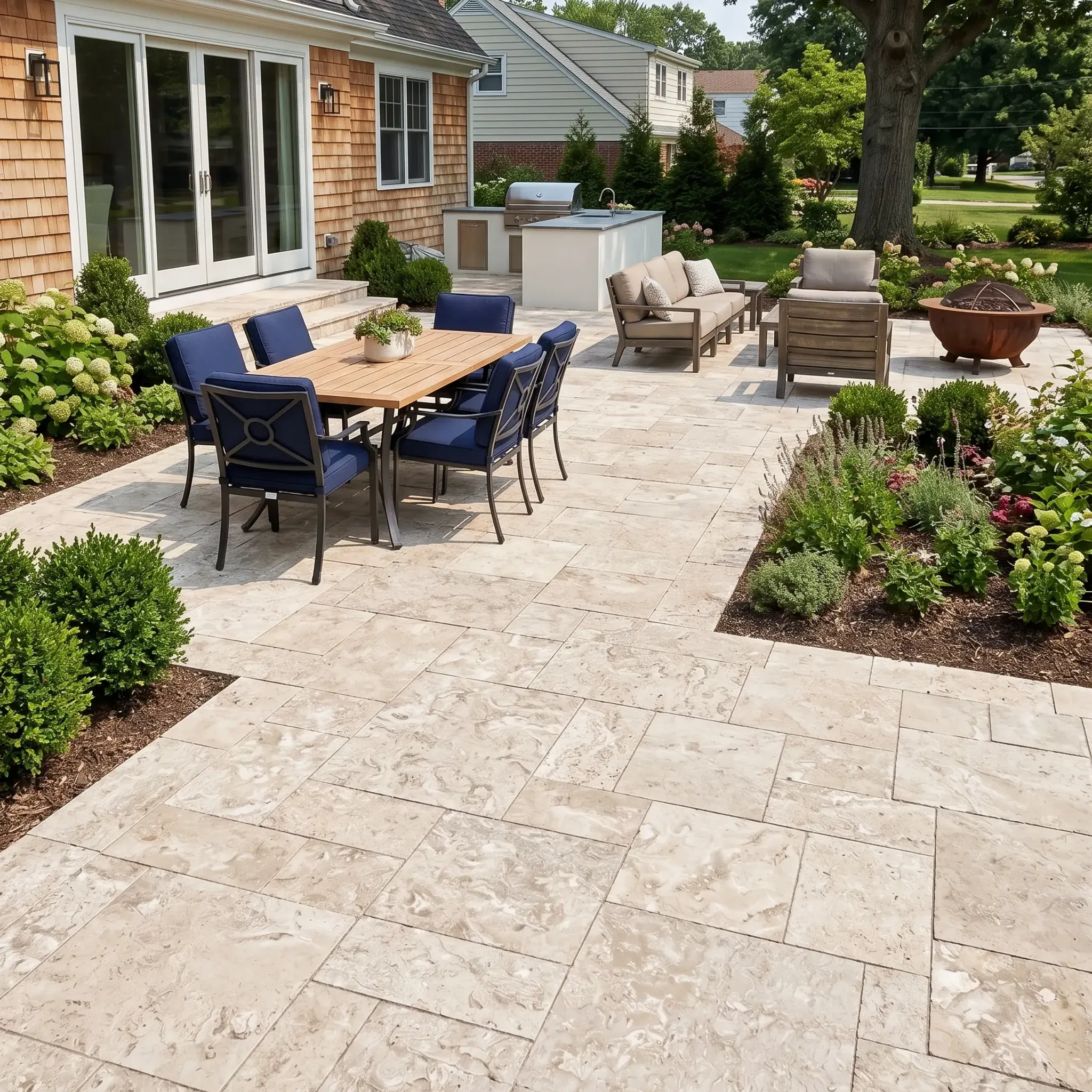 Cream swirled shellstone paver patio with navy-cushioned dining set, outdoor kitchen, sofa, fire bowl and cedar-shingle…