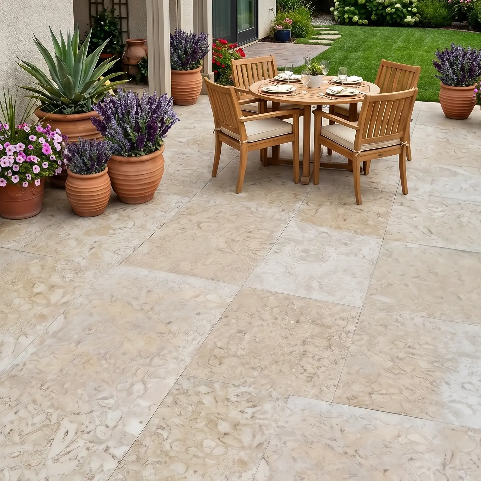 High-angle view of beige fossil-marked limestone pavers, honed, backyard patio with teak dining set, potted lavender and…