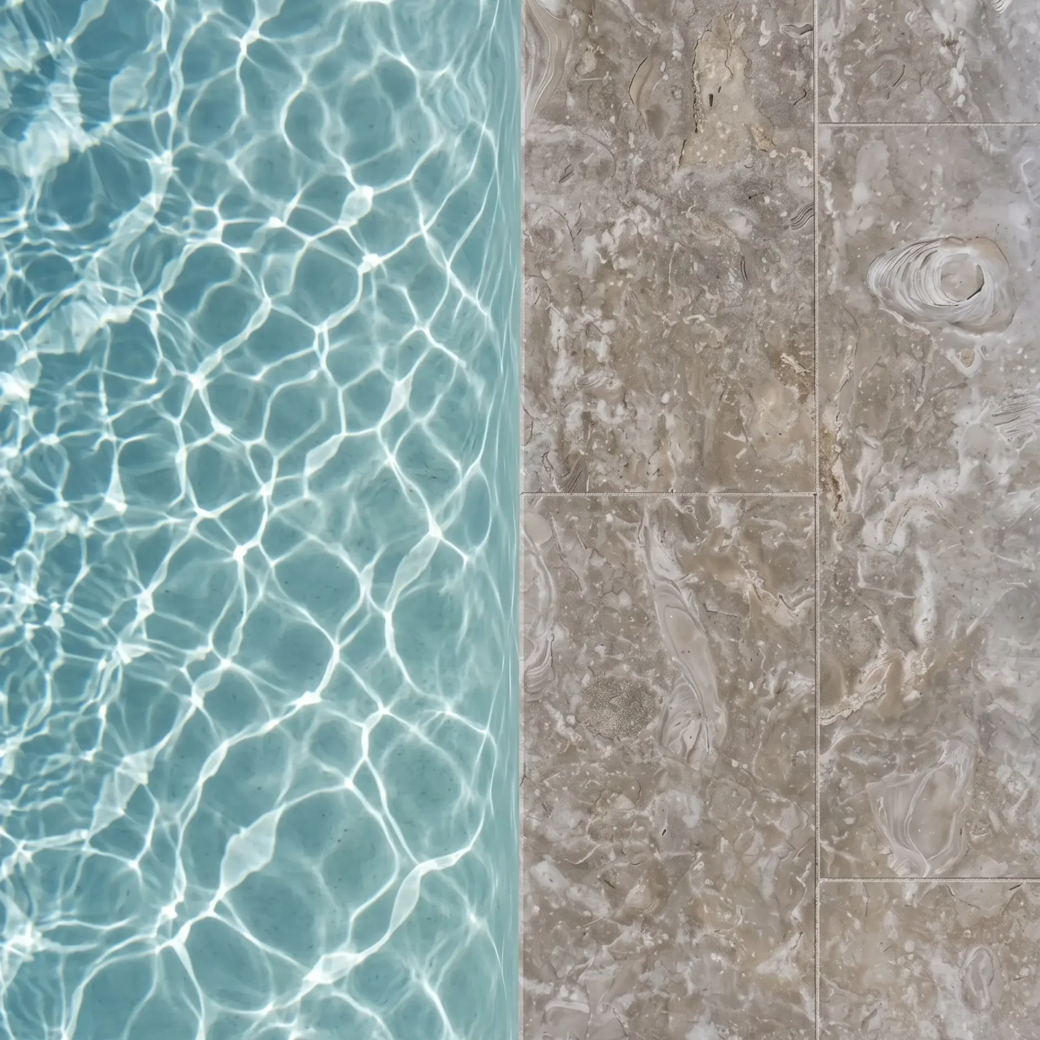Top-down view of grey-beige fossil shellstone pavers beside rippling turquoise pool water at a straight coping edge.