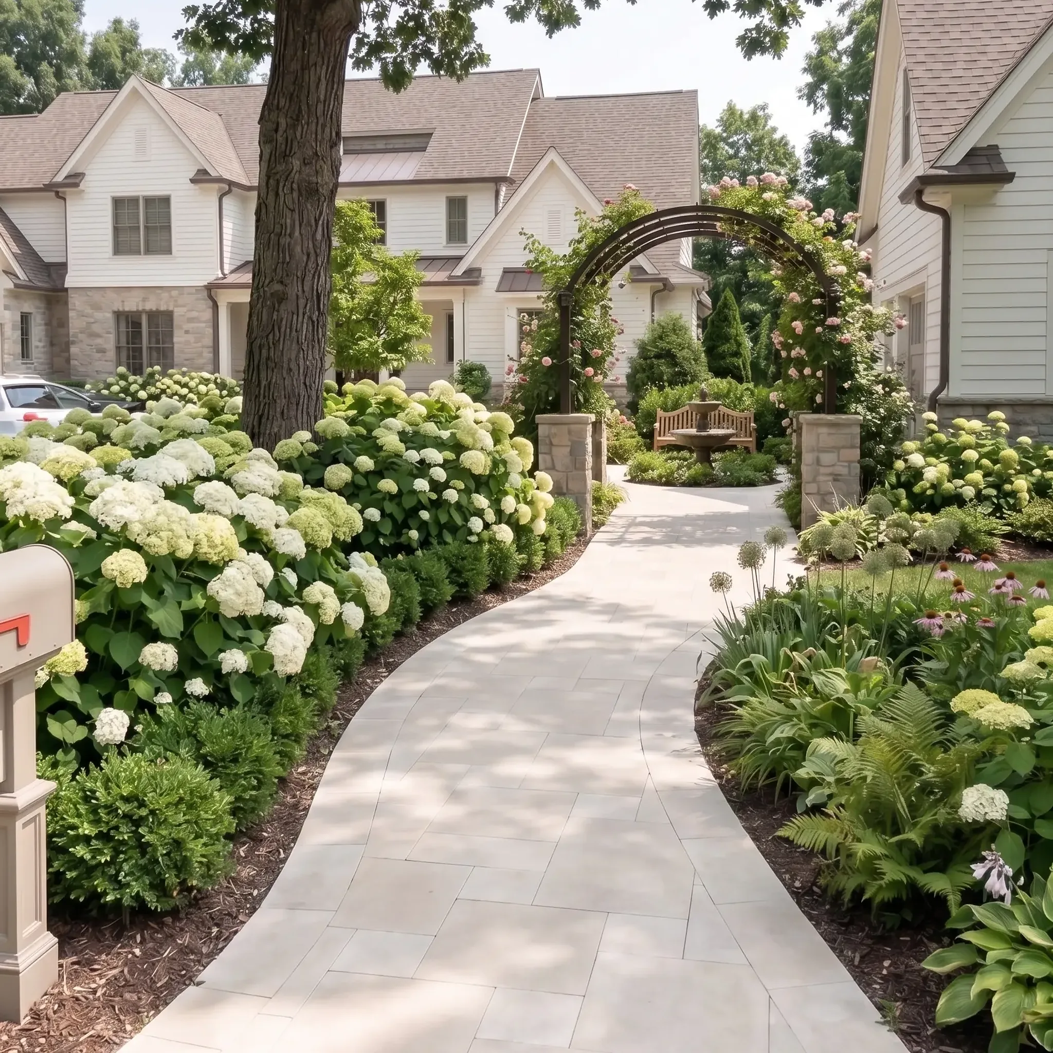 front path: pale cream pavers curving between hydrangeas and ferns, iron arbor with roses, bench, fountain,…