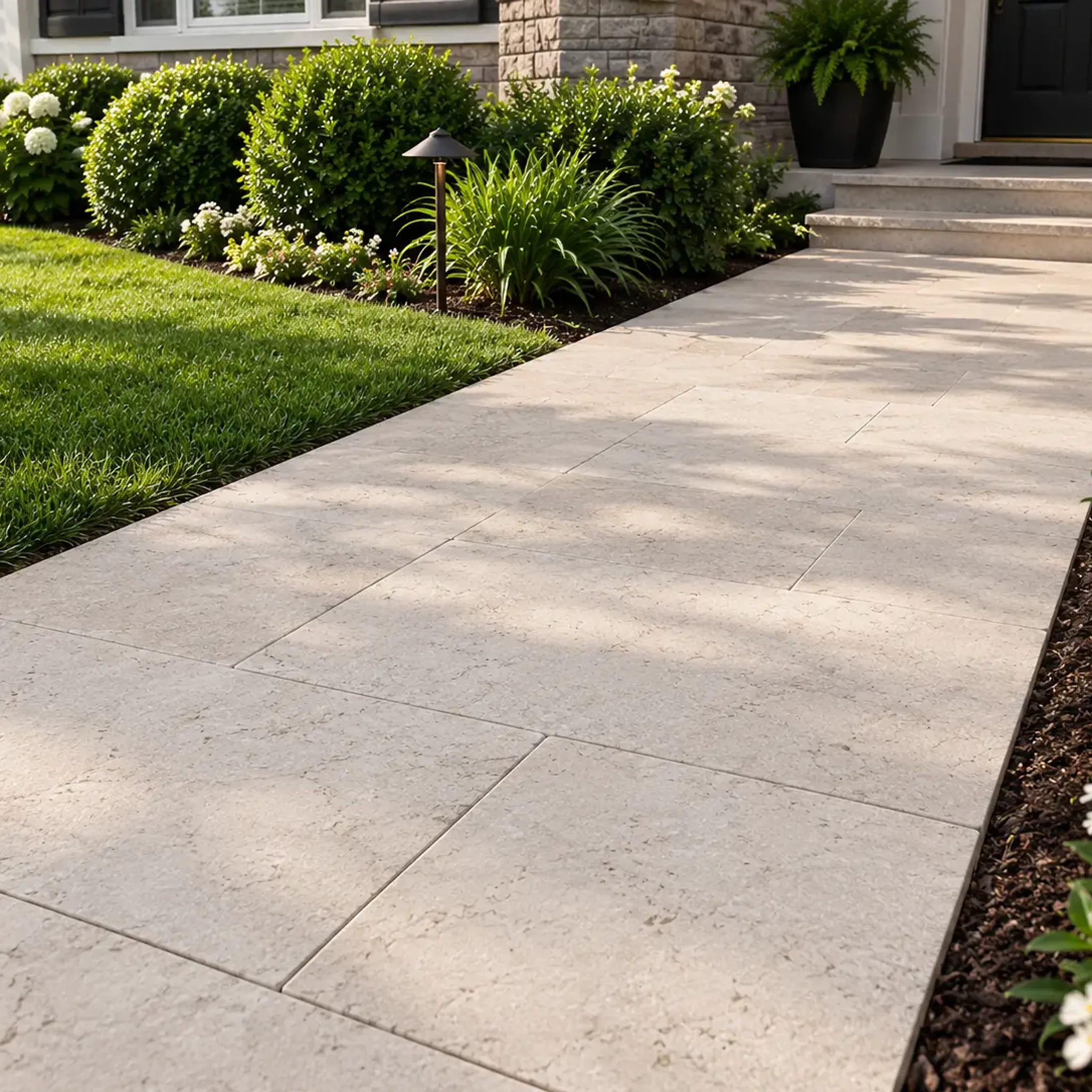 Cream-grey limestone paver walkway leading to stone steps and a black front door, bordered by lawn, boxwood, hydrangeas…