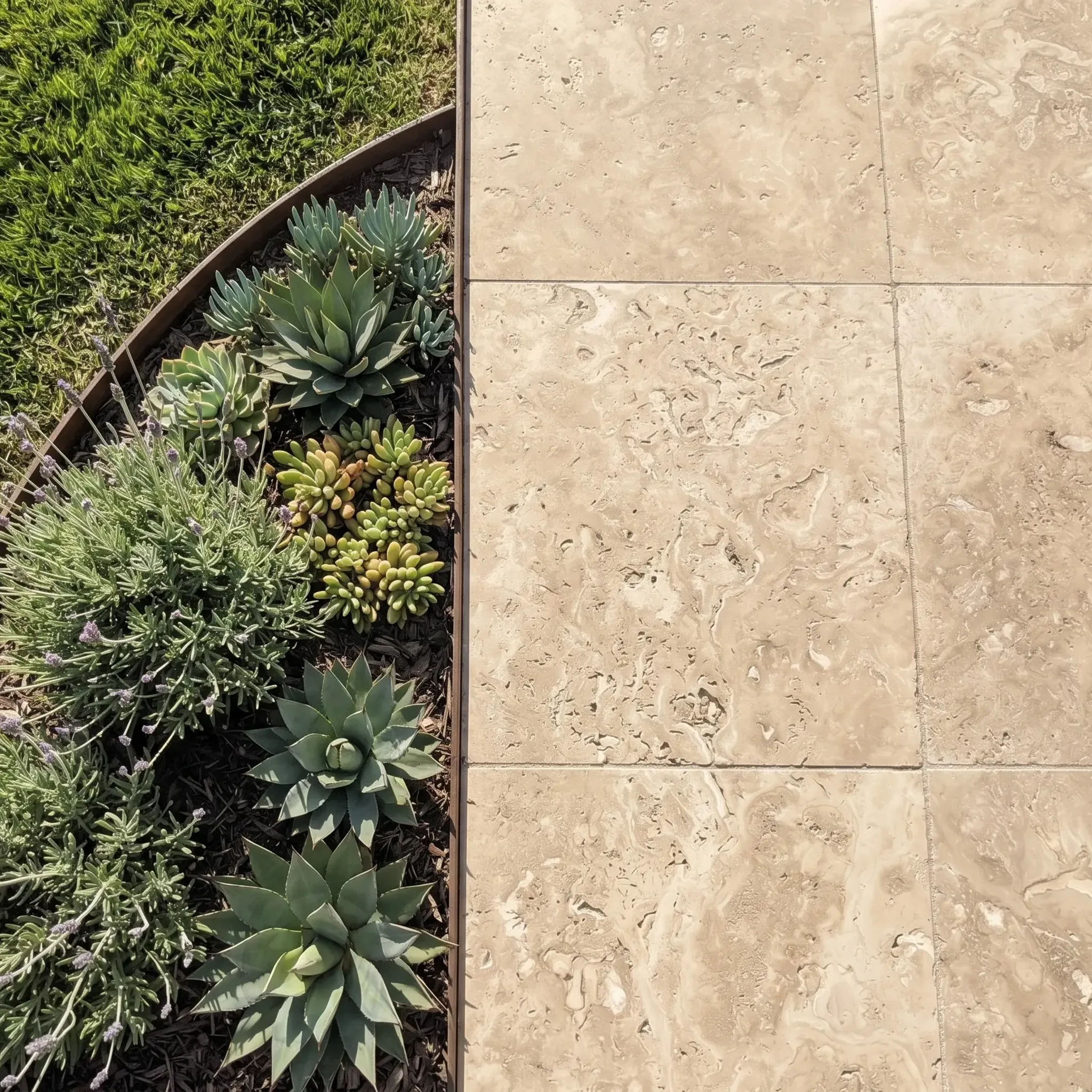 Top-down view of large beige honed travertine pavers beside a curved corten steel edge with succulents, lavender and lawn.