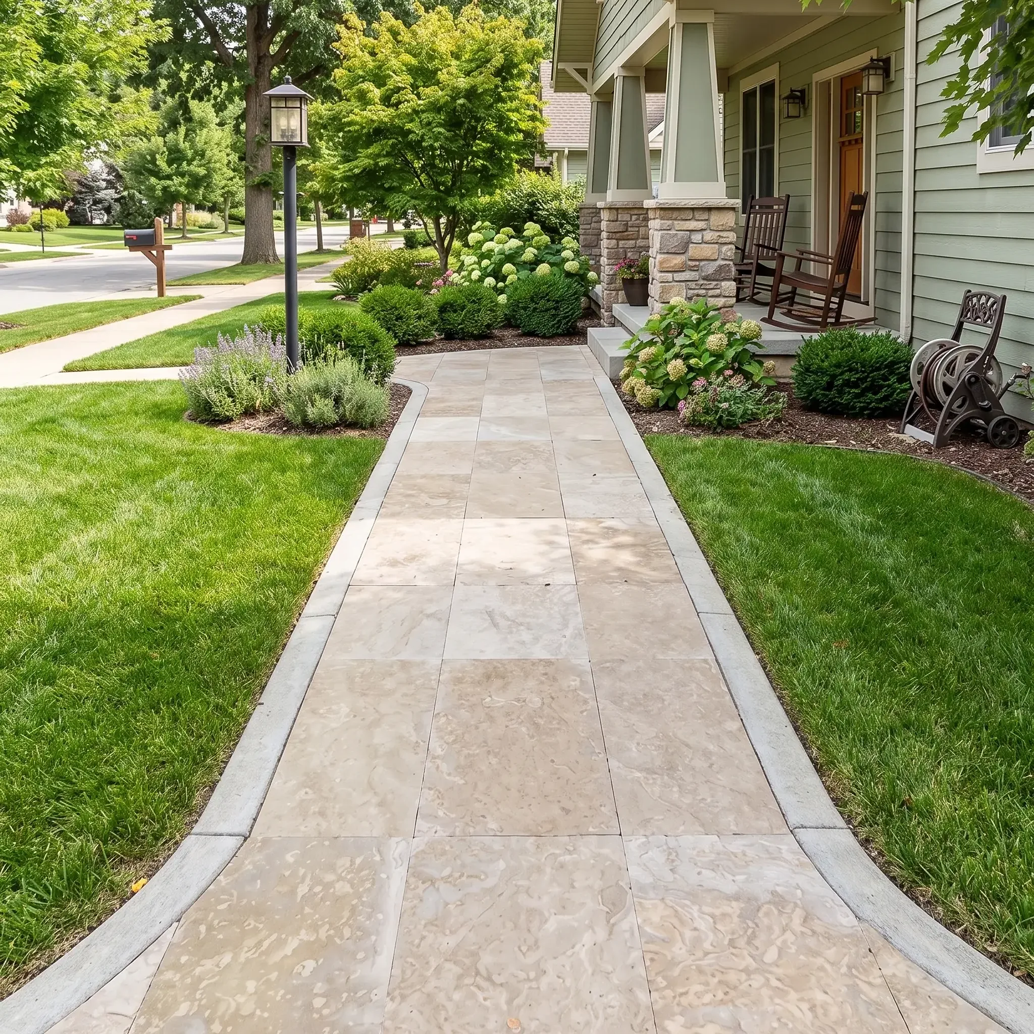 Beige travertine walkway with grey curb border leading to a craftsman porch with rocking chairs and lamp post.