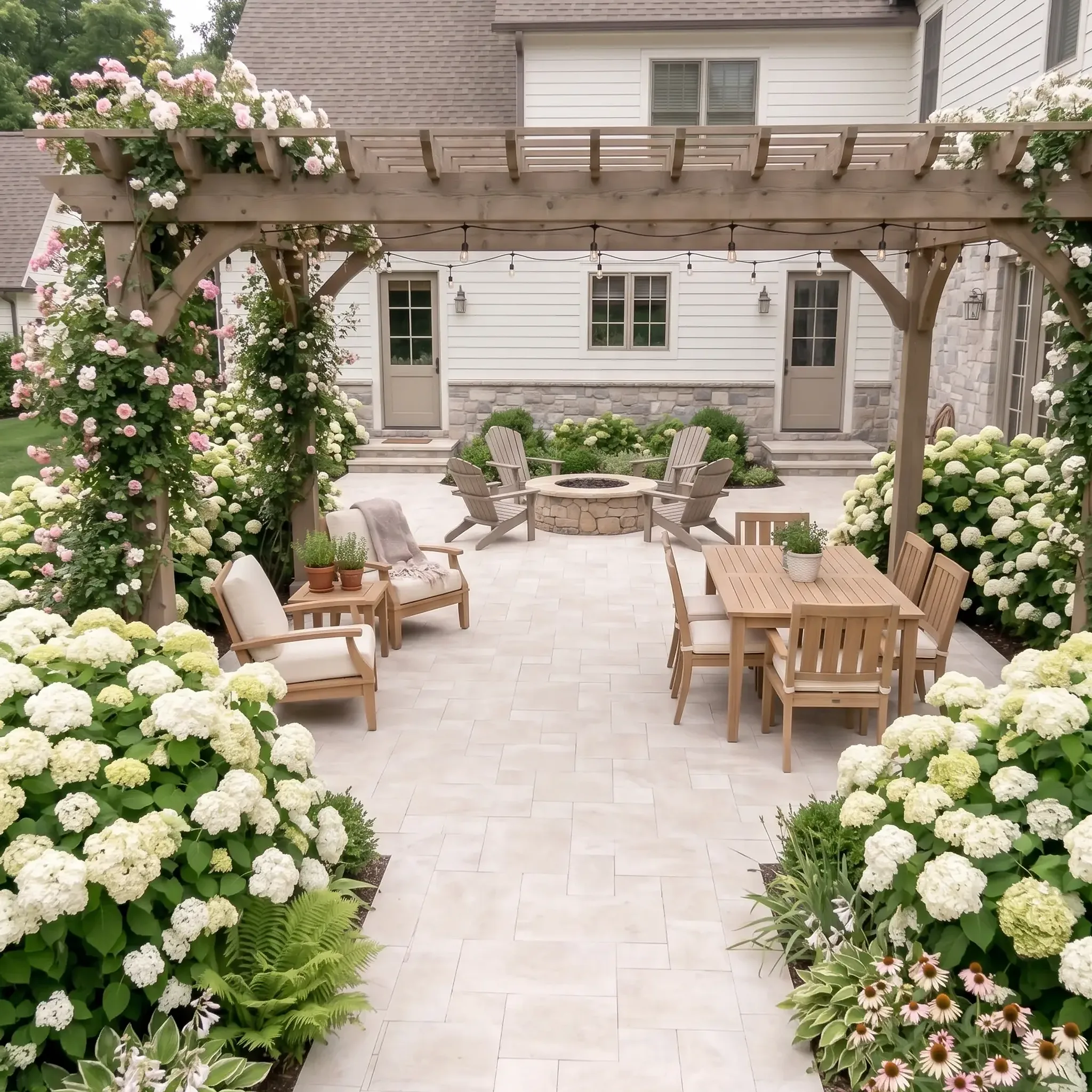 backyard patio: pale cream random-pattern pavers, wooden pergola with climbing roses, string lights, dining…