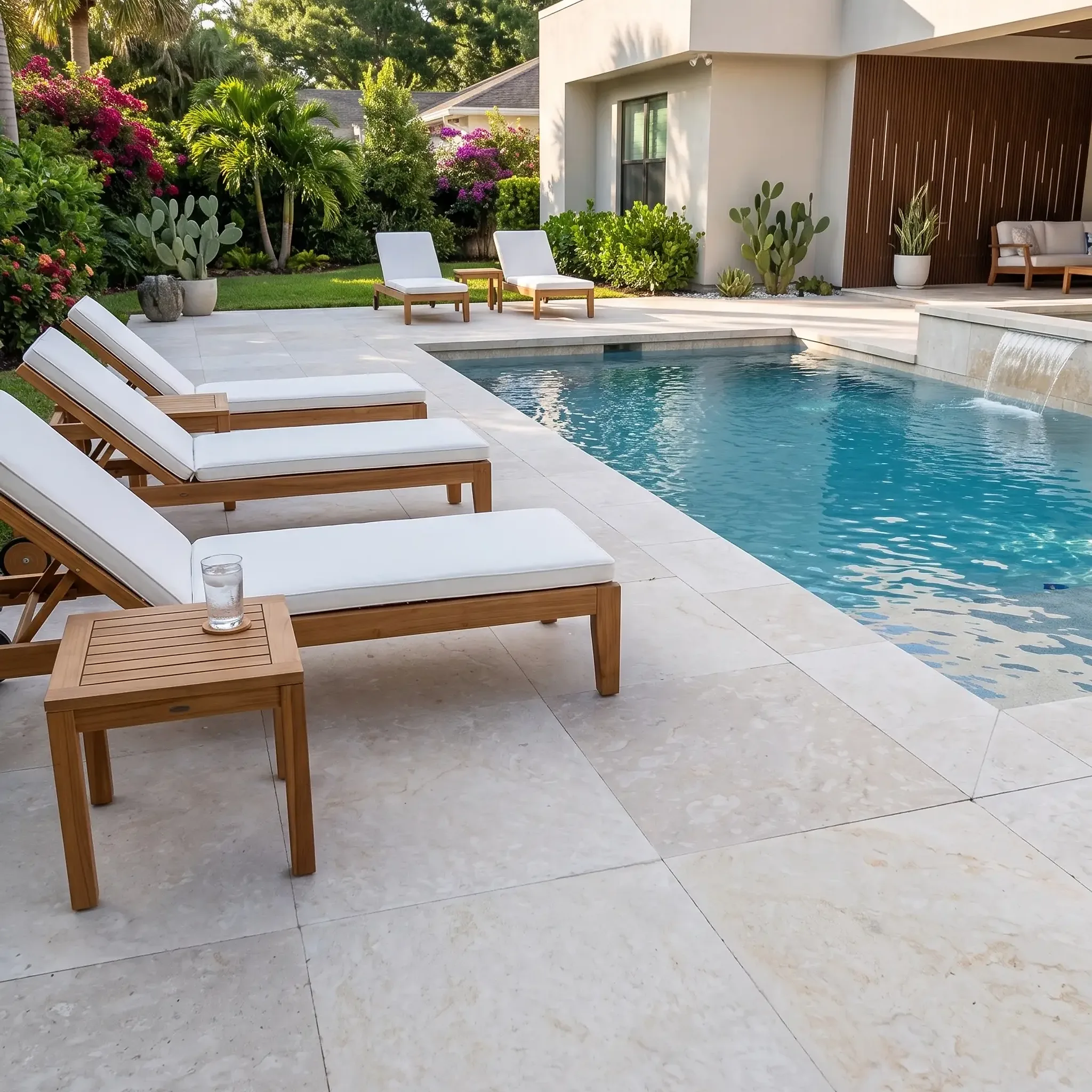 Cream-white mottled limestone pavers on a pool deck with three teak loungers, side table, pool with spillway and…