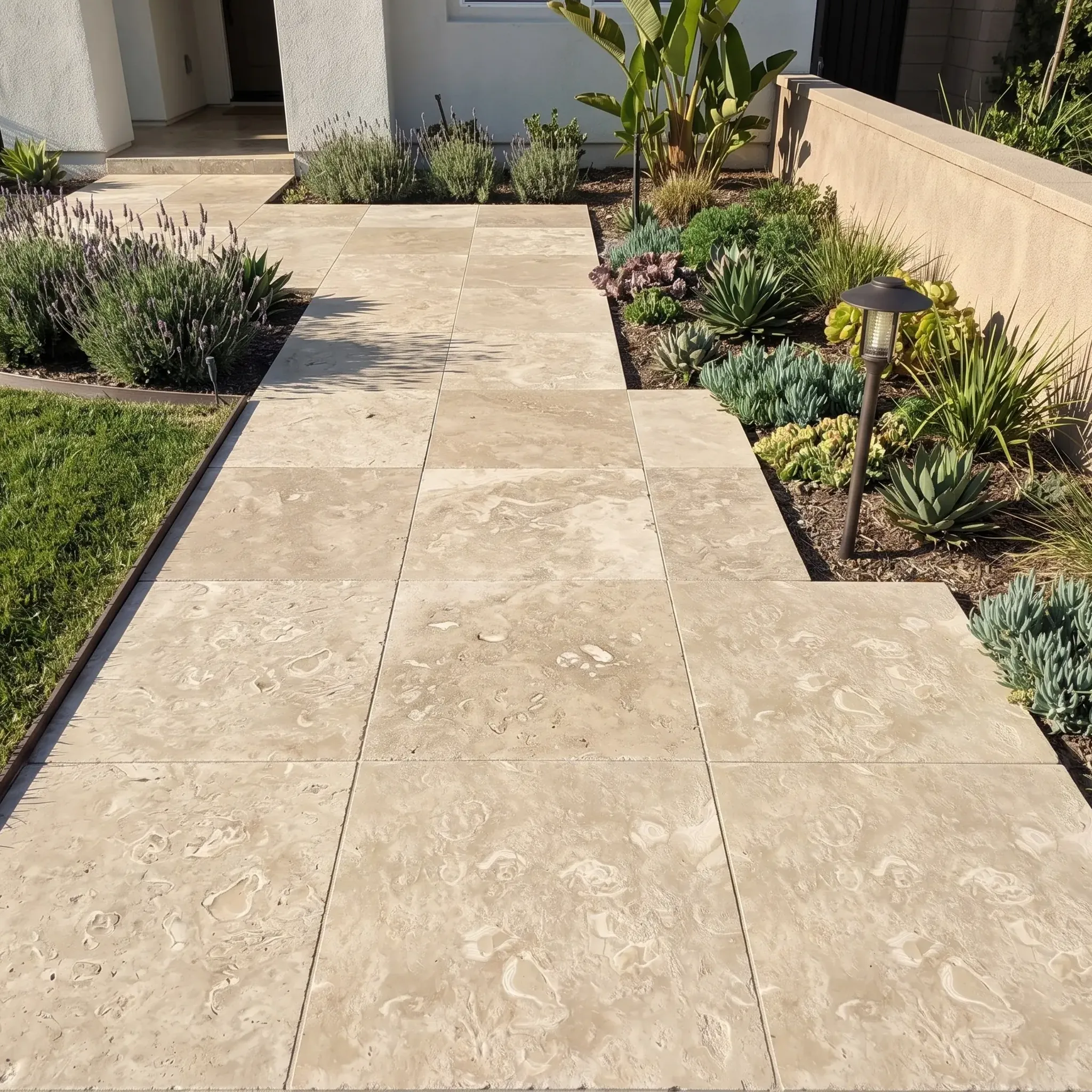 Sunlit front walkway of large beige shell-imprinted stone tiles between lawn, lavender and succulent beds, with path…