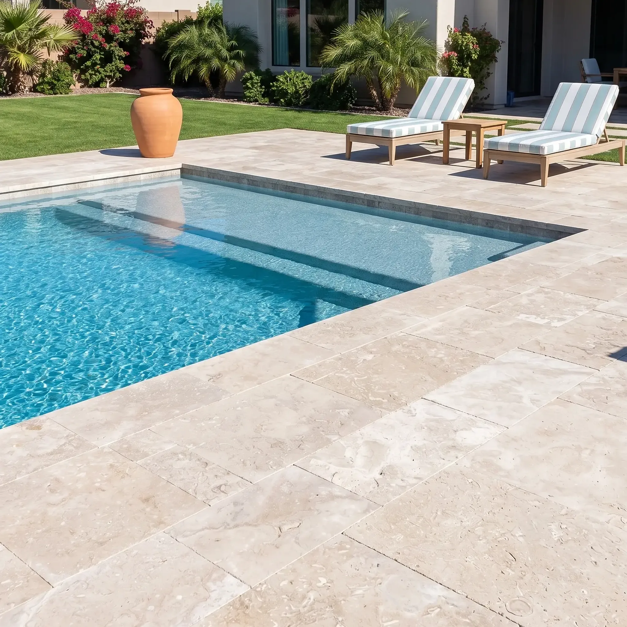 Beige travertine pool deck with rectangular pool, terracotta urn, striped loungers and tile-roof Mediterranean house.