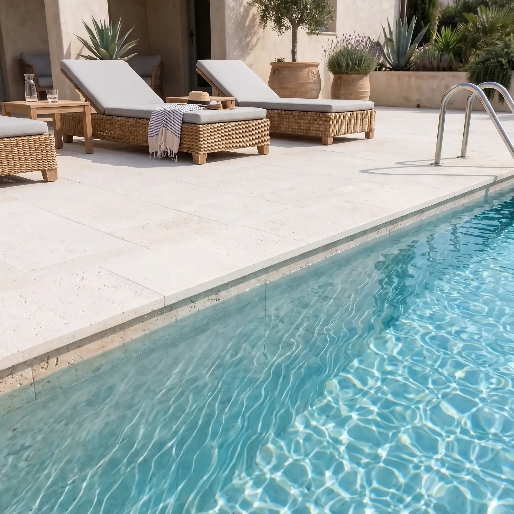 Cream-white limestone pavers and square-edge coping at a pool with ladder, wicker loungers, terracotta pots and arched…