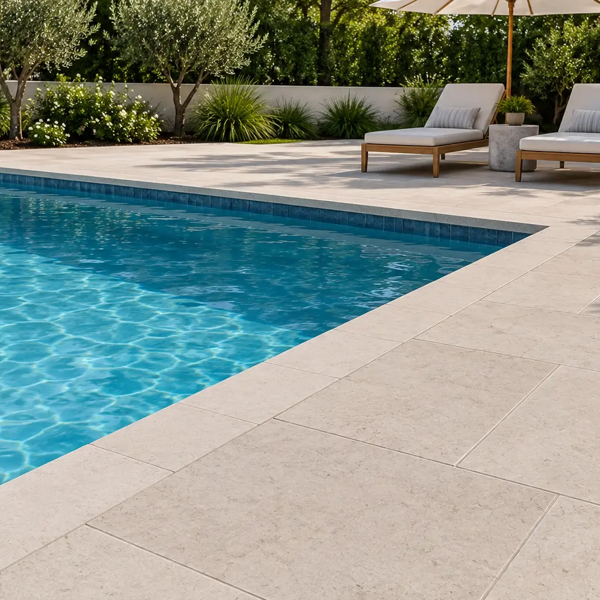Beige-taupe limestone pavers and coping around a pool with blue waterline tile, two loungers with umbrella and olive trees.