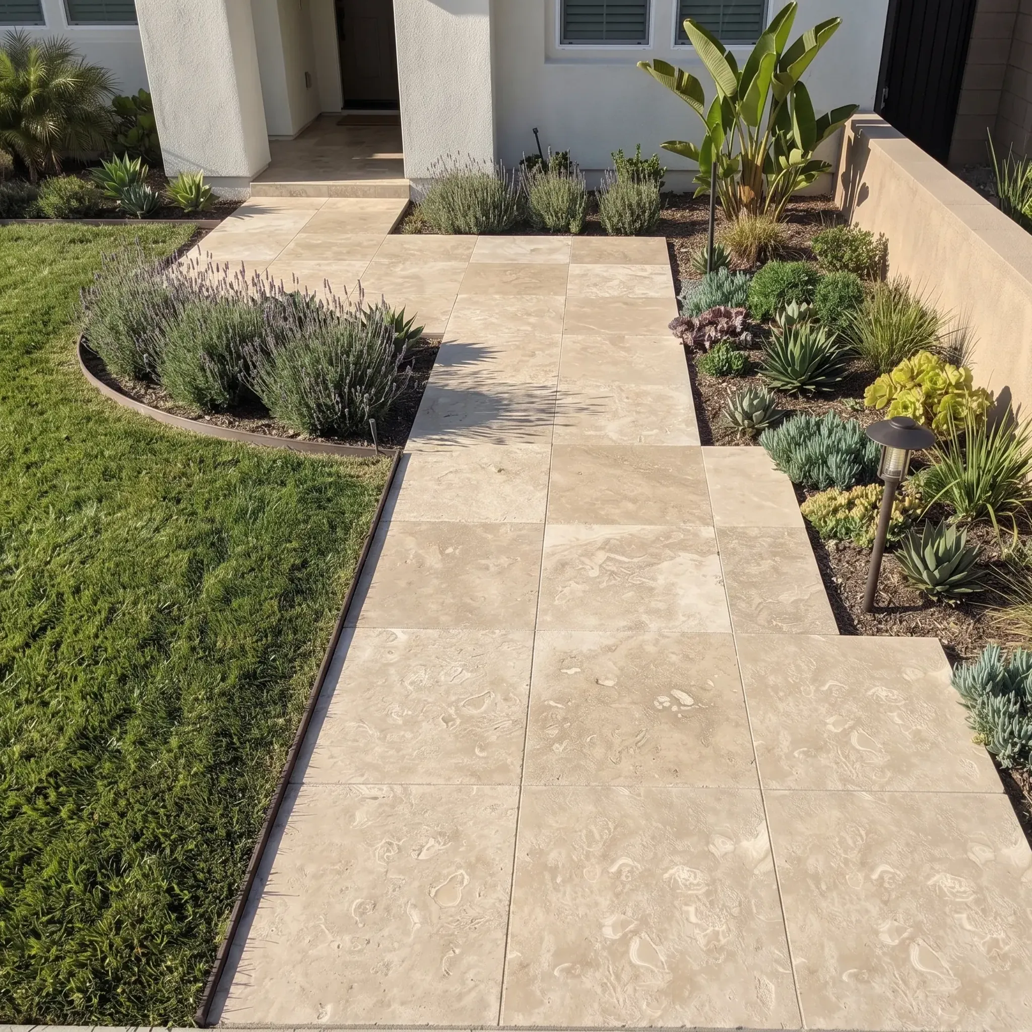 Elevated view of cream shellstone large-format pavers, honed, front walkway between lawn and succulent bed beside stucco…