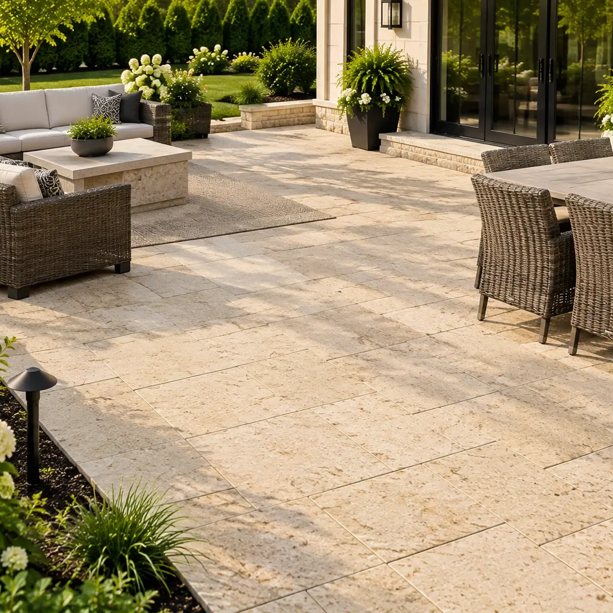 Golden-tan limestone pavers on a sunlit residential terrace with wicker sectional, dining set, hydrangeas and a cream…