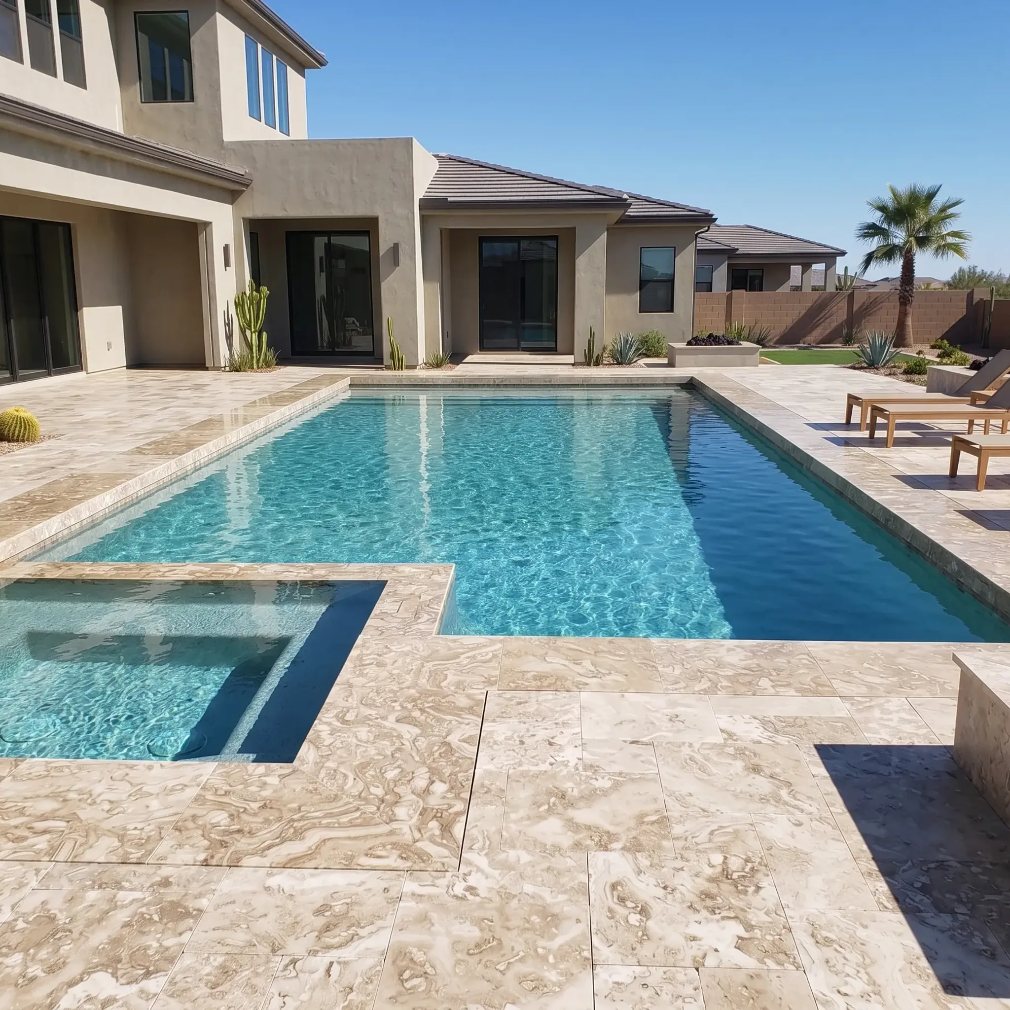 Desert backyard with beige swirl-figured honed travertine pool deck, raised spa, fire feature, loungers, cacti and stucco…
