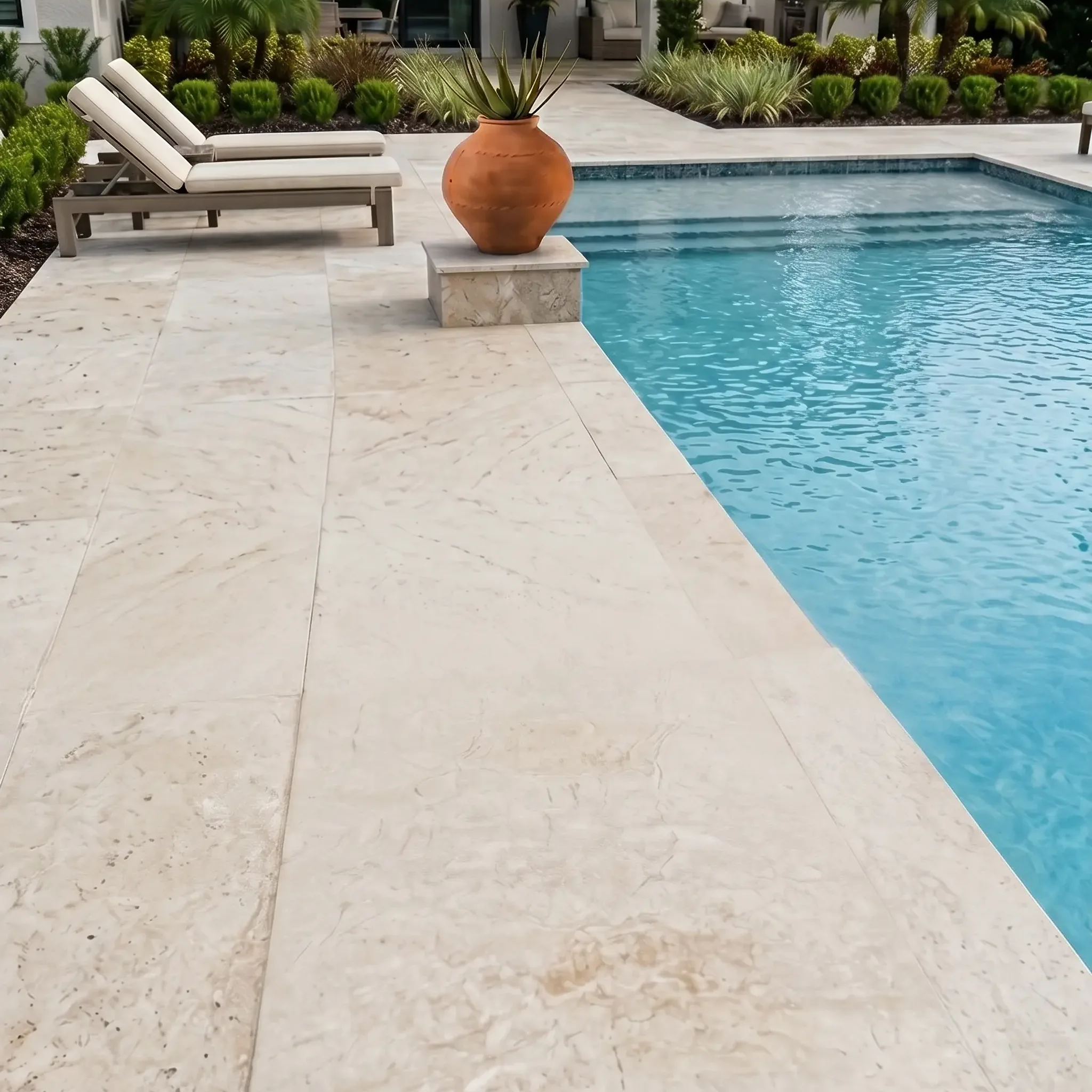 pool deck: cream travertine-look plank pavers, two loungers, terracotta pot on stone pedestal, pool with…