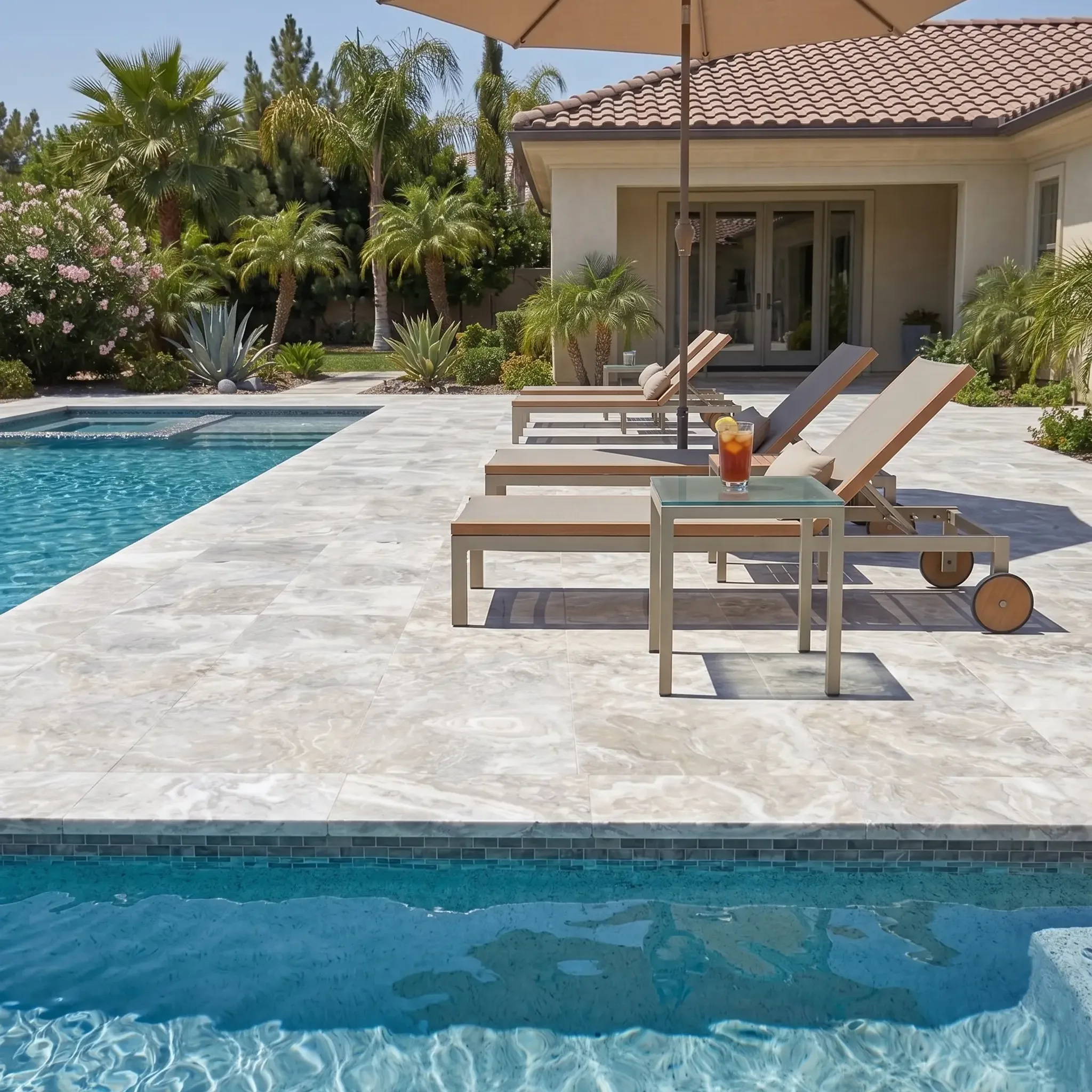 Grey-cream mottled shellstone pool deck at eye level with loungers, umbrella, glass side table, iced tea and palm garden.