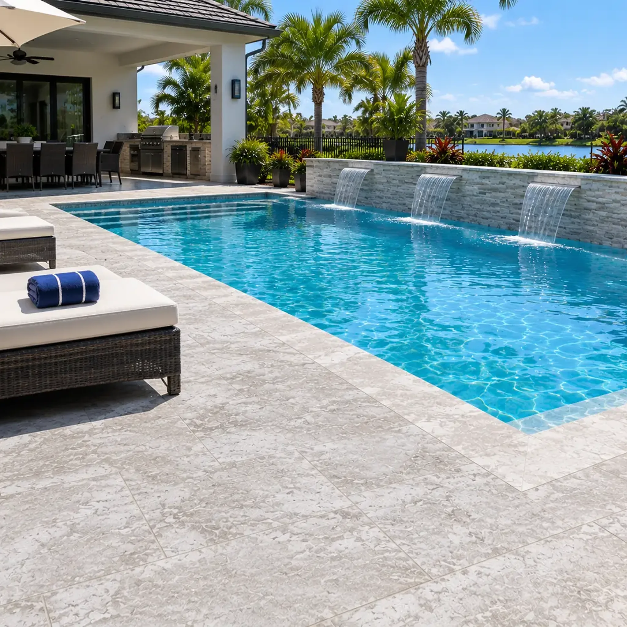 Rendered pool deck in mottled dove-grey stone with wicker loungers, blue towels, triple sheer-descent water wall, palms…