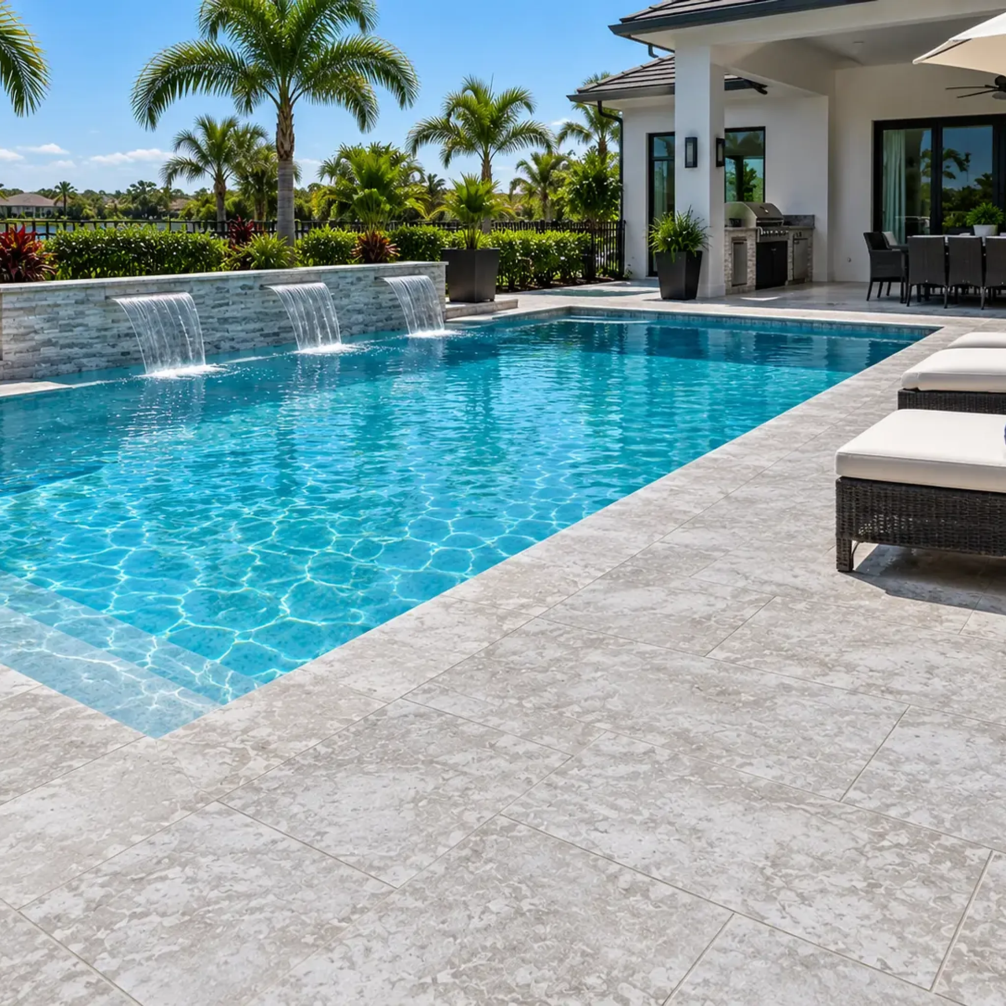 Rendered pool deck in flecked grey stone from a mirrored angle: pool, three water-wall cascades, loungers, palms and…