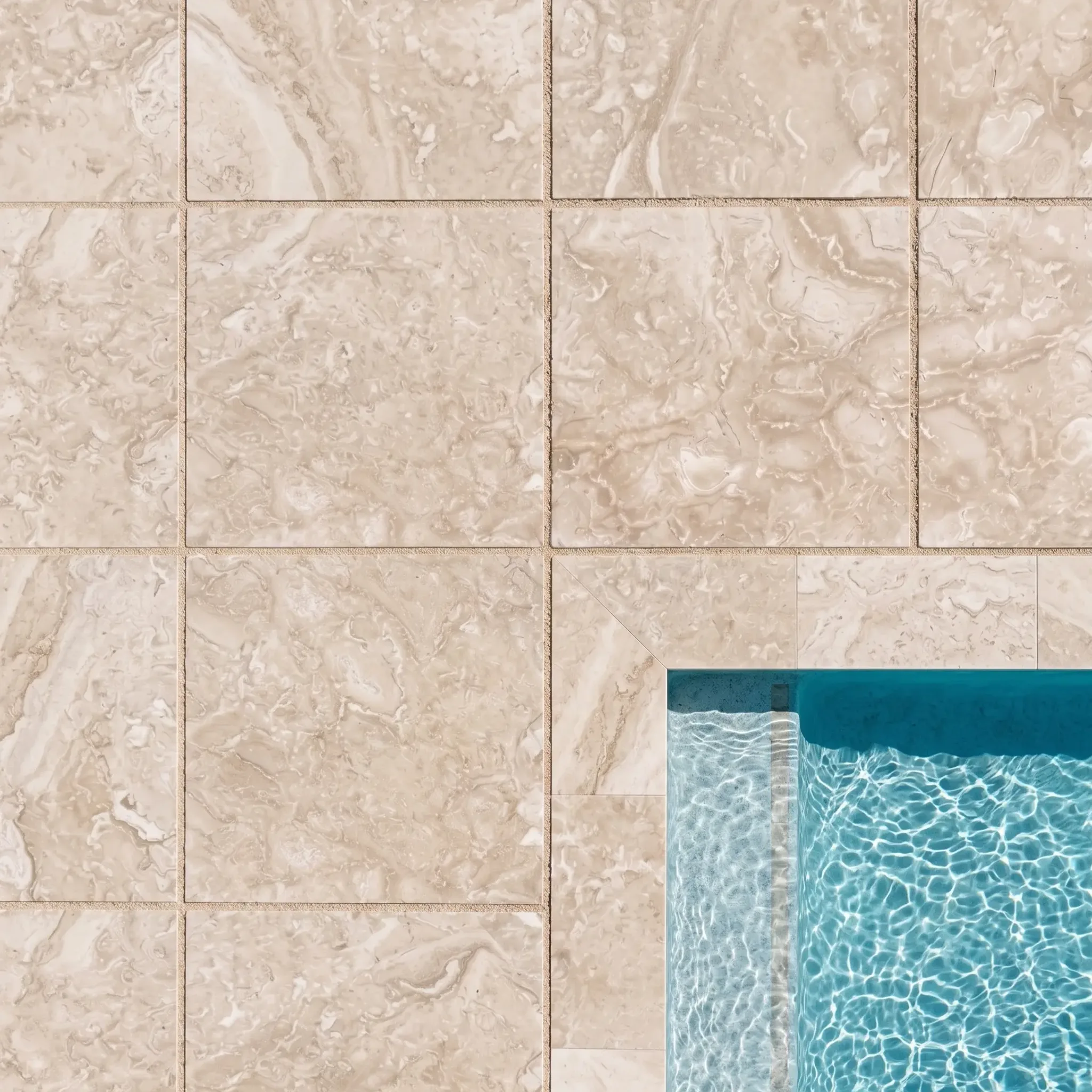 Top-down beige veined limestone tiles with sanded joints at a mitred pool corner over turquoise water.