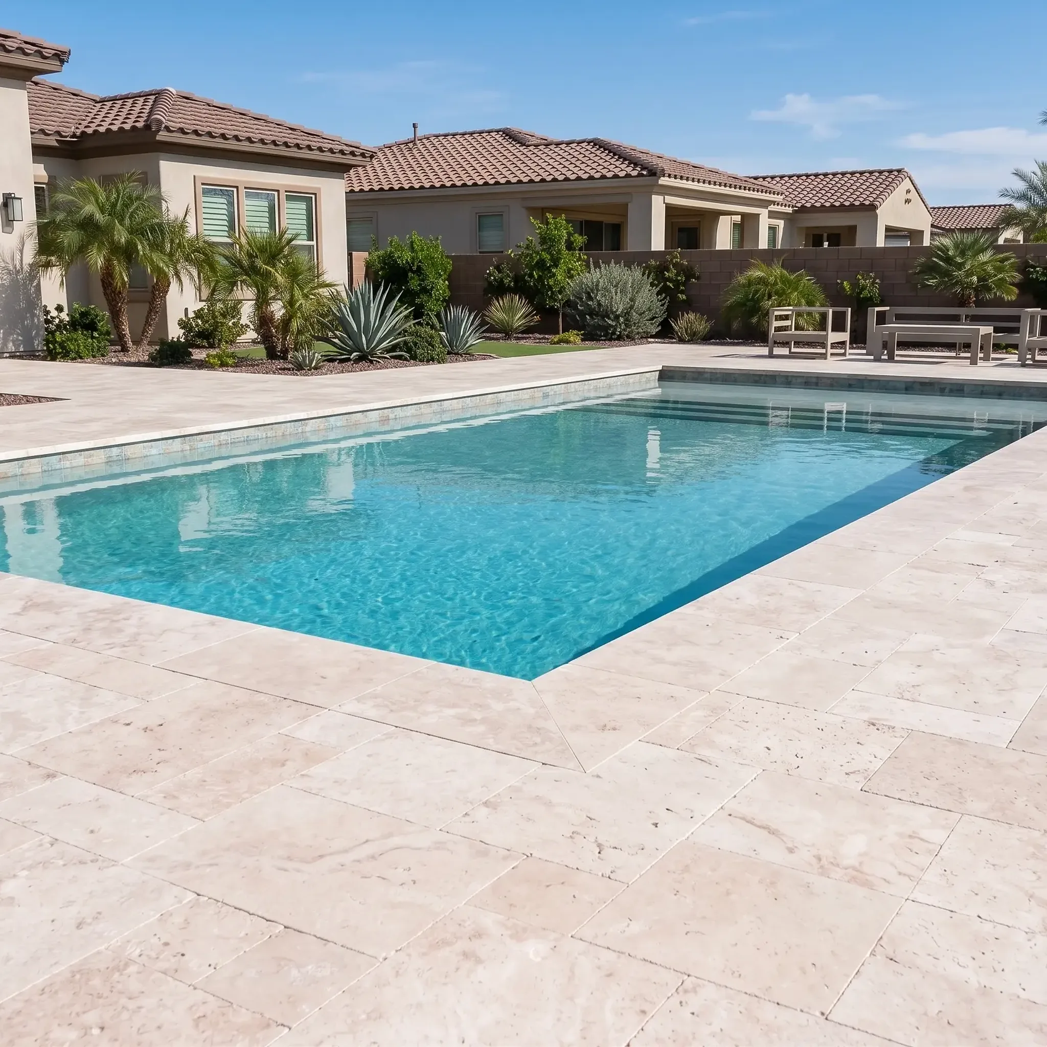 Cream limestone pavers with travertine-like mottling in ashlar pattern around a rectangular pool, Mediterranean-style…