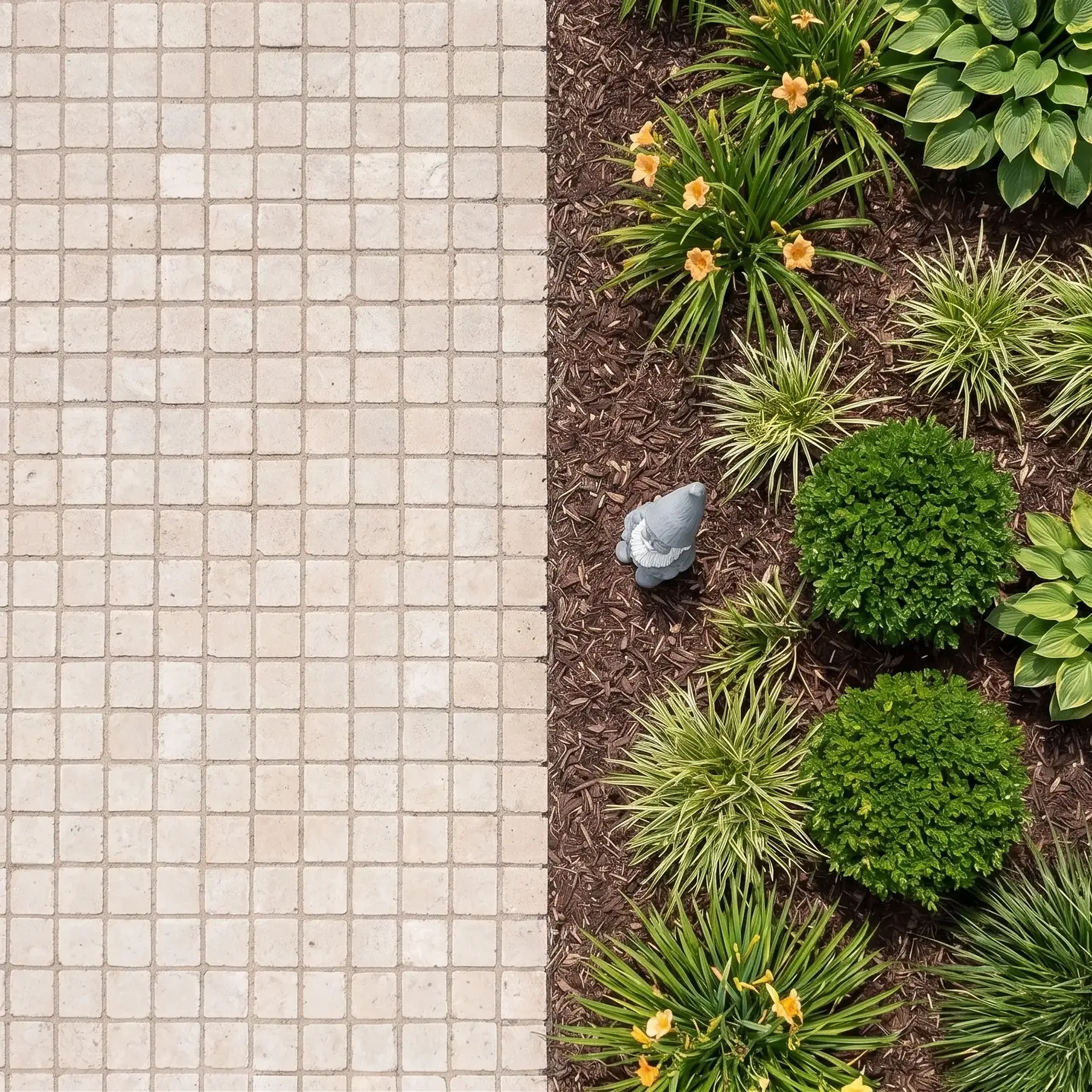 Straight-down view of pale beige limestone square cobbles next to a mulch bed with hostas, daylilies, boxwood balls,…