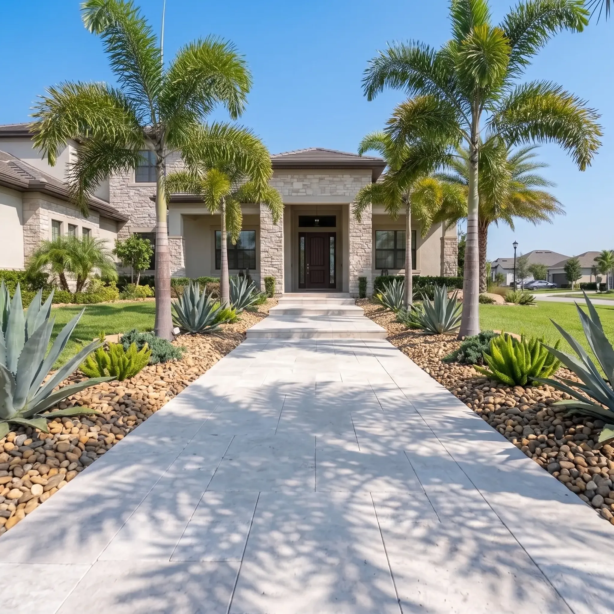 Off-white large-format limestone pavers forming an entrance walkway lined with river rock, agaves and palms to a…