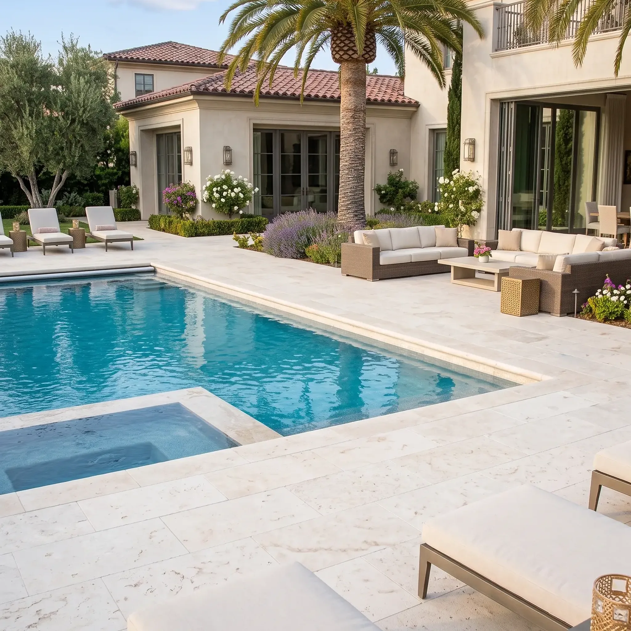 Cream veined limestone pavers on a resort-style terrace with pool and spa, outdoor sofas, loungers, palm and…