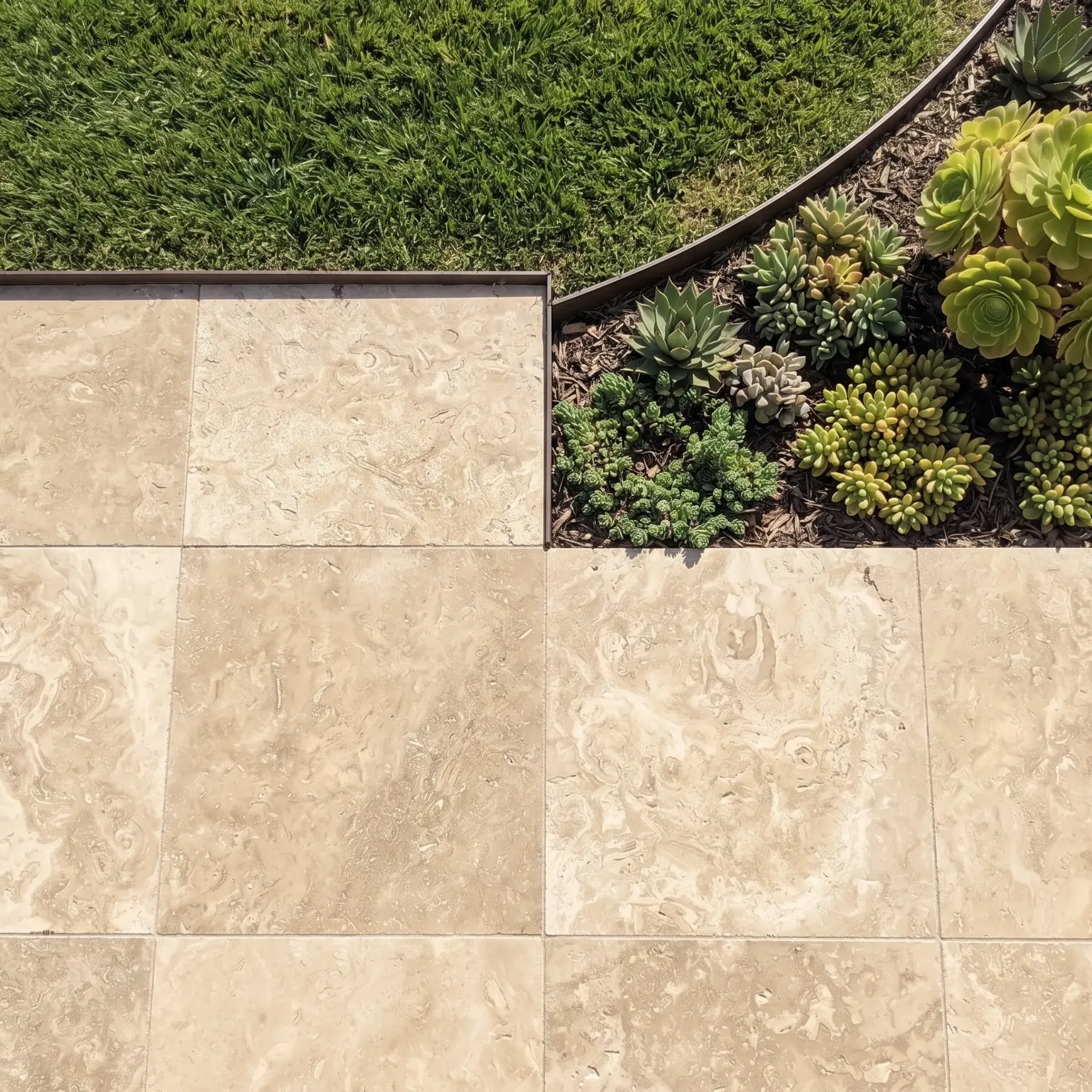 Top-down view of beige swirl-patterned travertine-look tiles with grey joints beside artificial turf and a succulent bed…