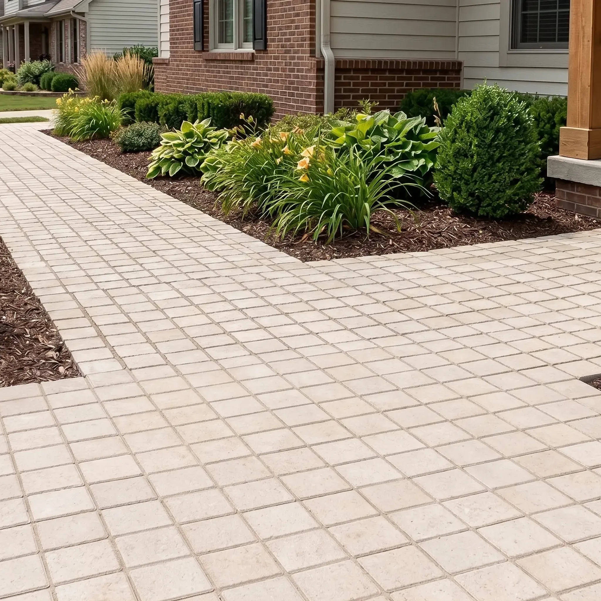 Pale beige limestone square cobble front walkway and apron beside mulch beds with boxwood, hostas, daylilies, garden…