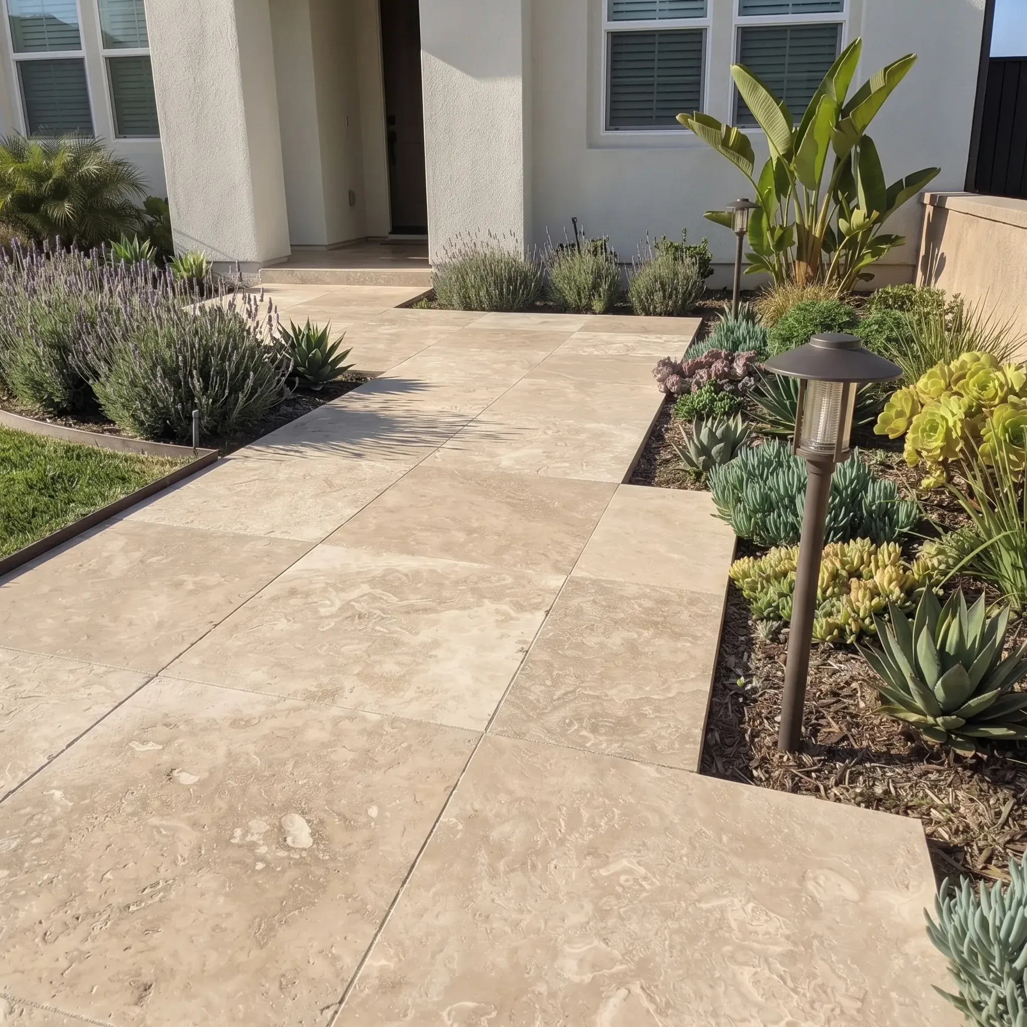 Beige honed travertine-look square pavers forming an entry path to a stucco house, flanked by lavender, agaves,…