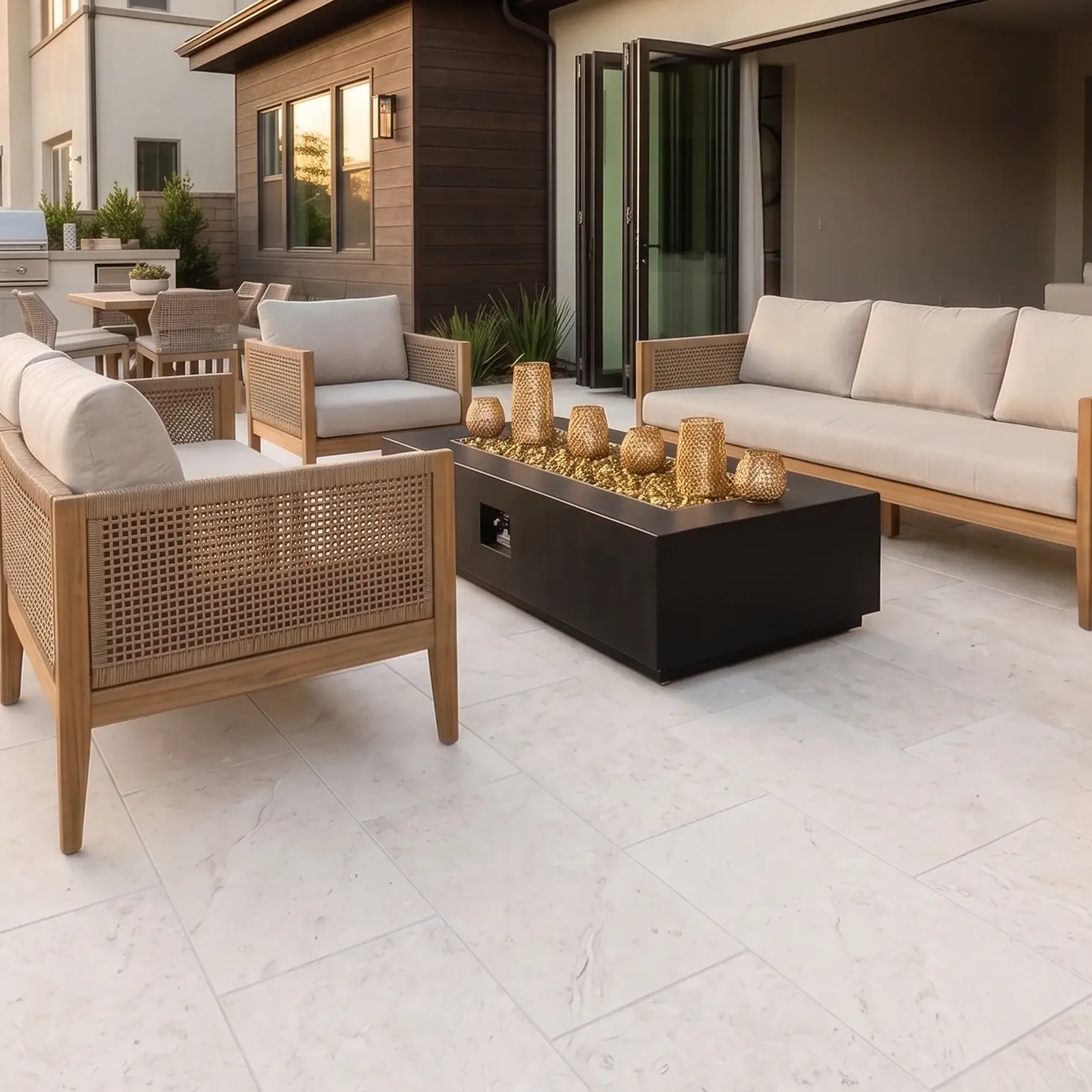 Pale white-cream stone pavers patio at sunset with rattan sofa set, black fire table with gold lanterns, terracotta pot,…